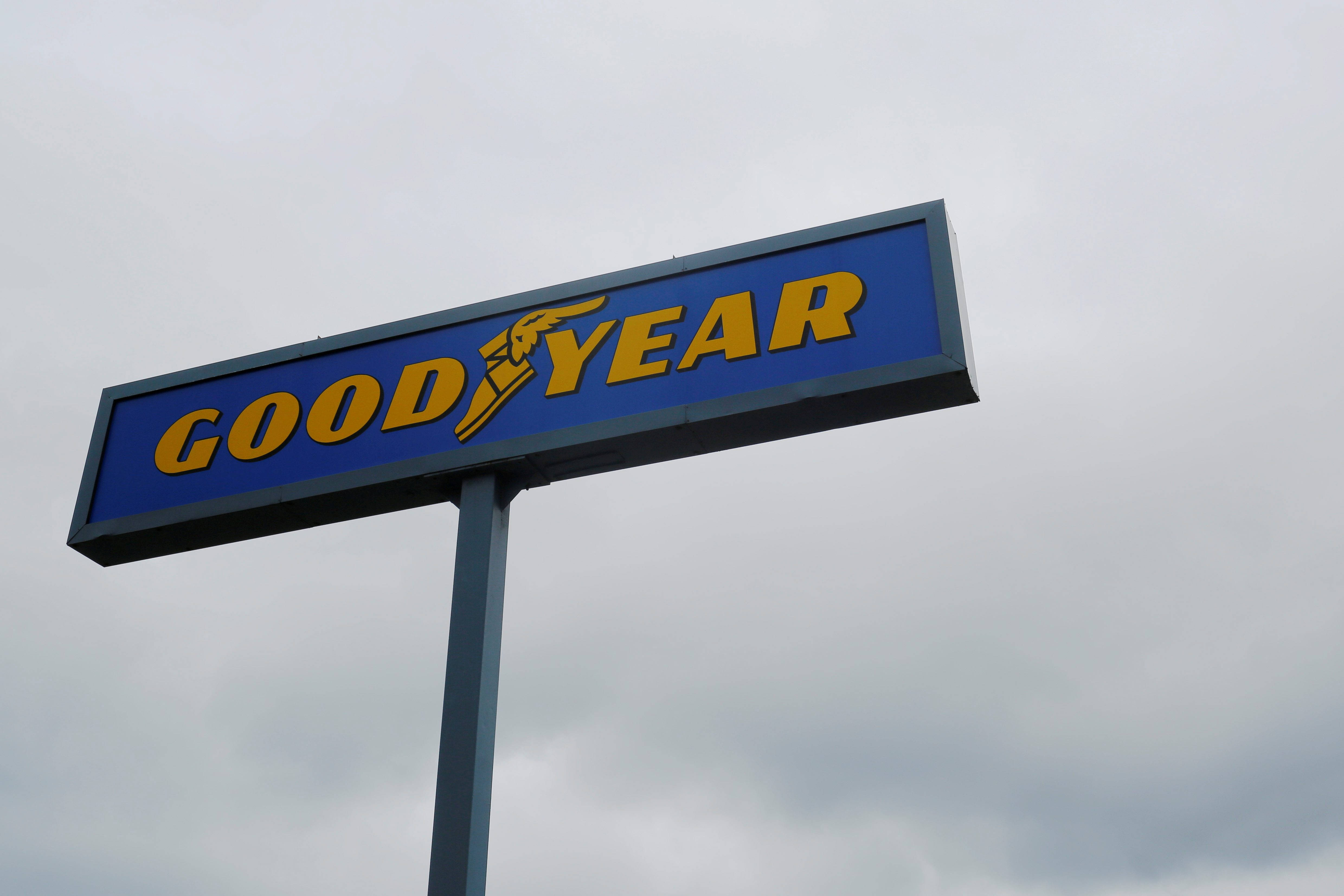 Goodyear, blue and yellow, cloudy gray sky, 4K Desktop Wallpaper