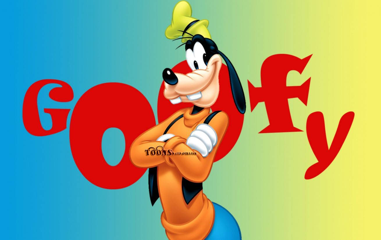 Goofy, vibrant blue to yellow gradient, bold red letters, HD Desktop Wallpaper