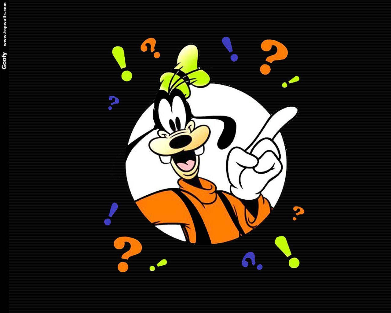 Goofy, orange shirt, colorful question and exclamation marks, HD Desktop Wallpaper