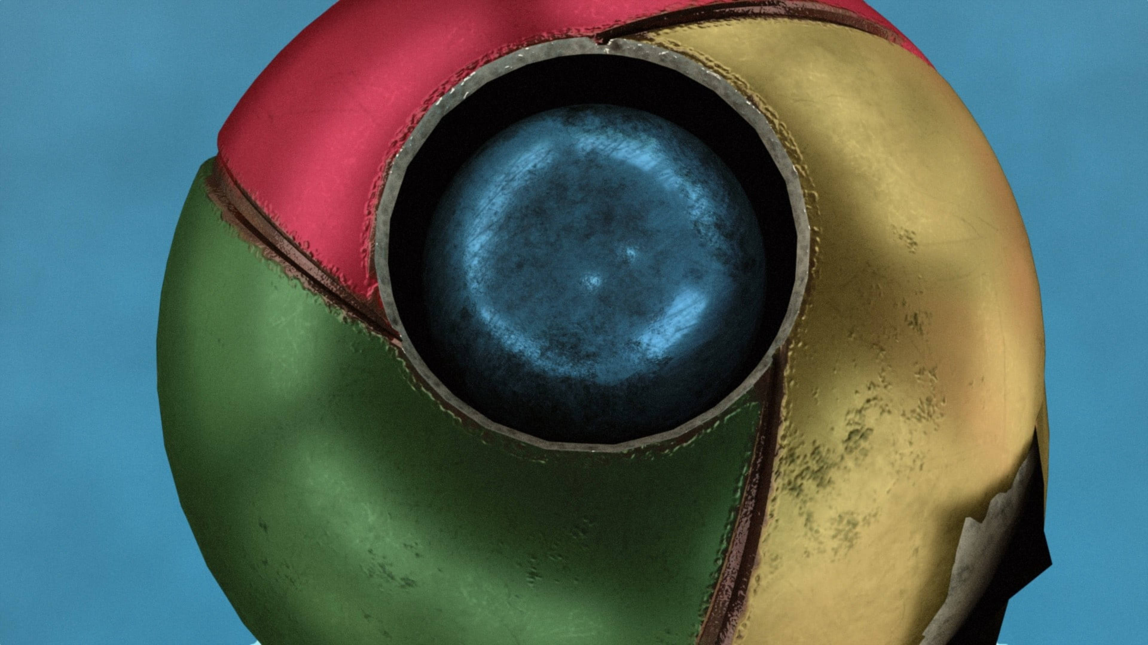 Google Chrome, red yellow and green segments, glowing blue core, 4K Desktop Wallpaper