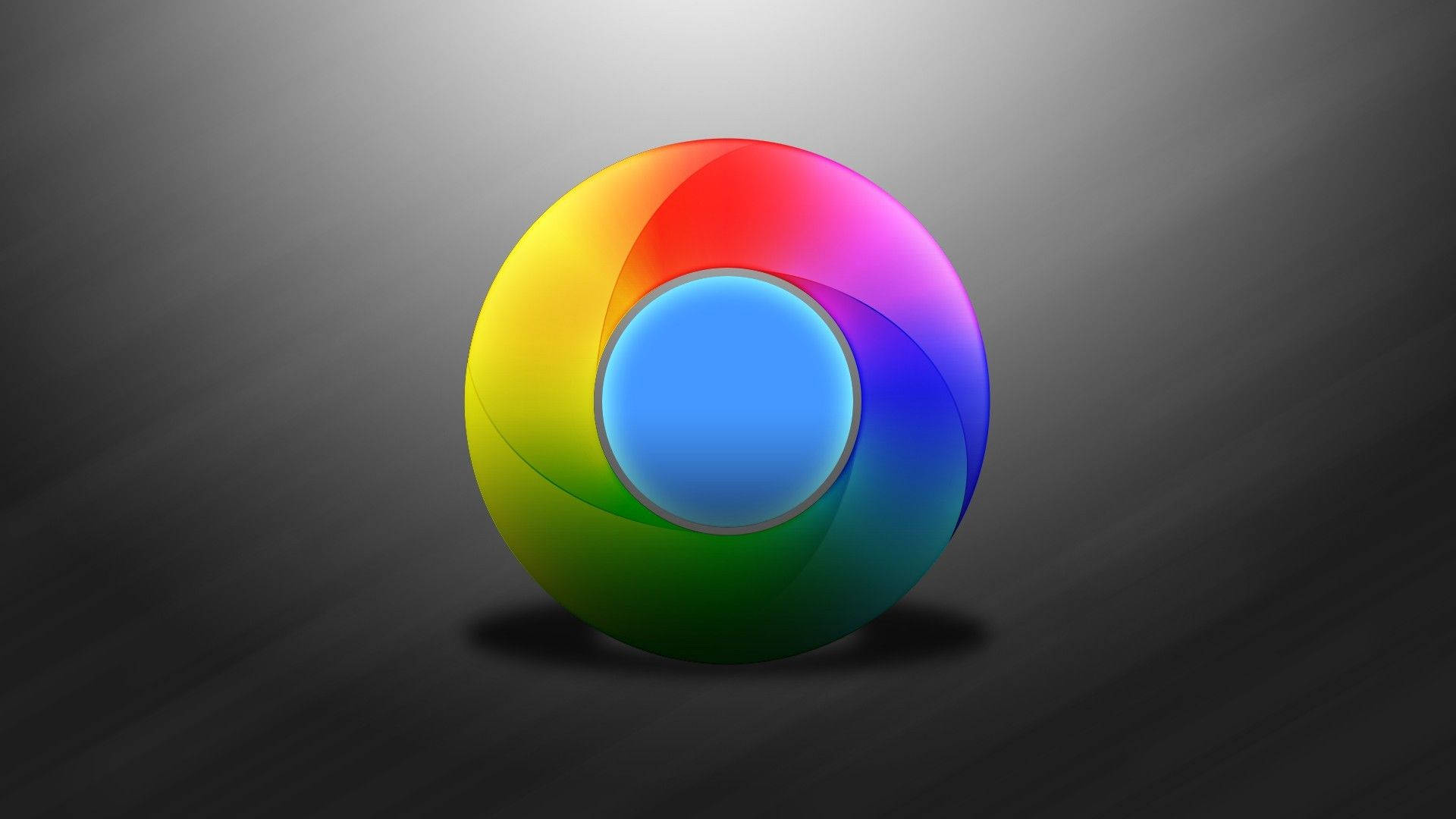 rainbow Google Chrome icon, vibrant rainbow-colored sphere, glowing blue center, Full HD Desktop Wallpaper