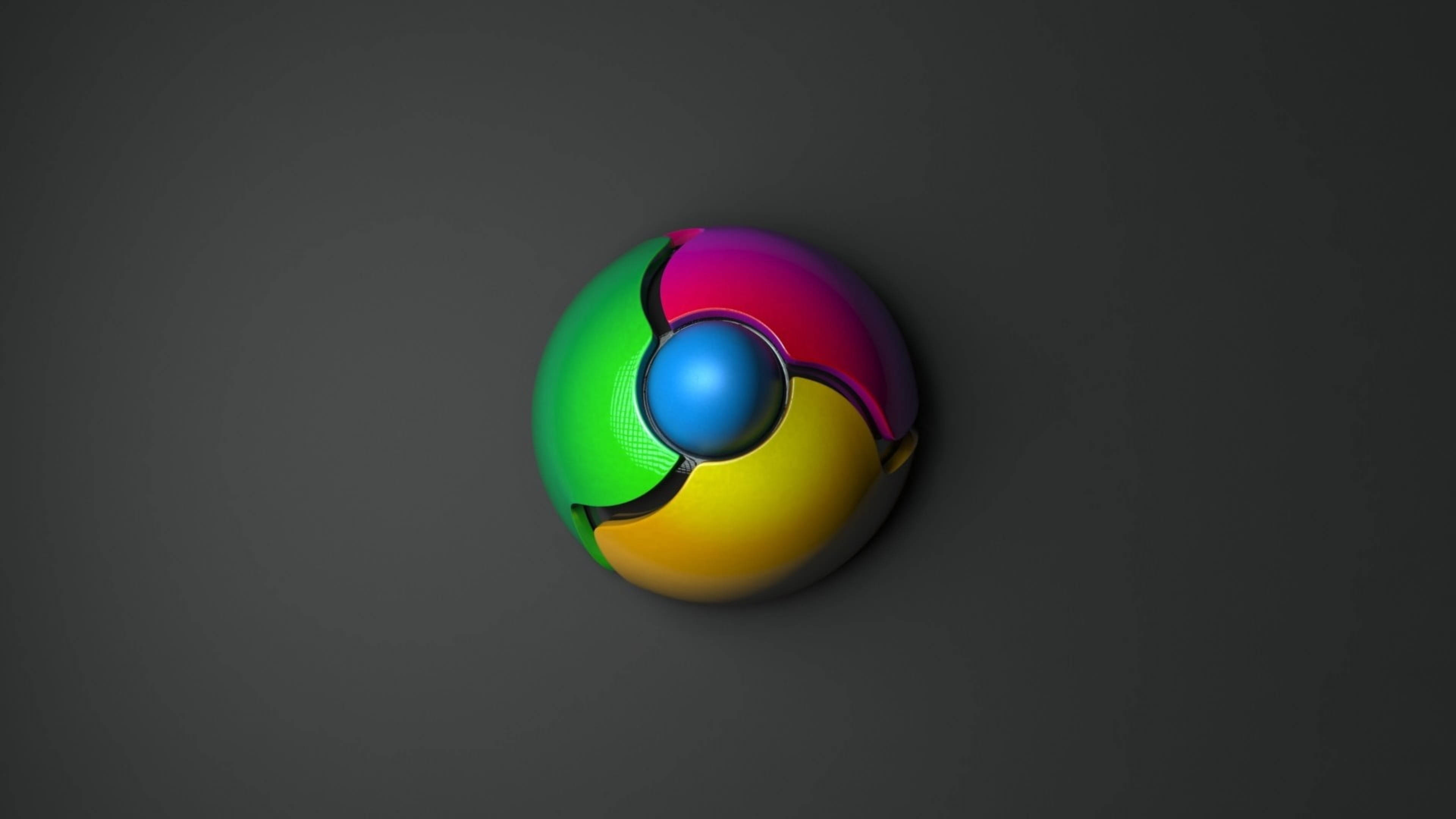 3D Google Chrome Icon, glossy chrome logo, vibrant green pink yellow and blue segments, 4K Desktop Wallpaper