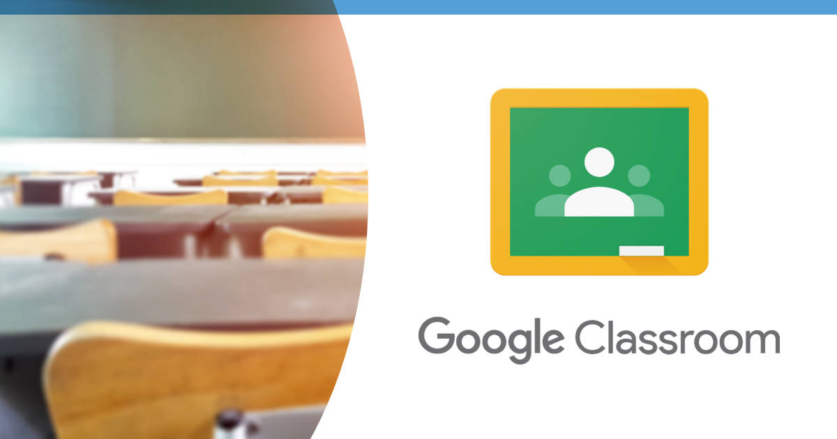 Google Classroom logo, blurred classroom background, wooden desks, SD Desktop Wallpaper