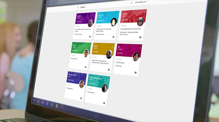 Google Classroom, laptop, classroom setting, SD Desktop Wallpaper