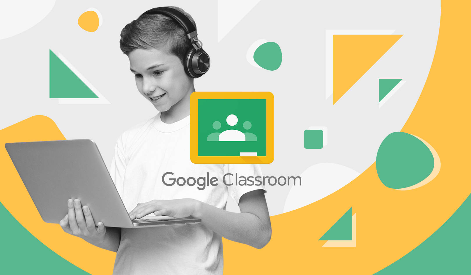 Google Classroom logo, laptop, headphones, HD Desktop Wallpaper
