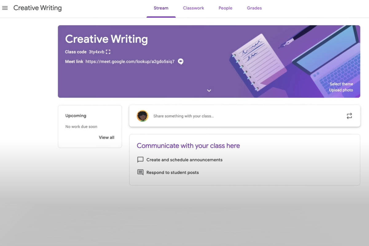 Google Classroom, purple-themed, Creative Writing class, SD Desktop Wallpaper