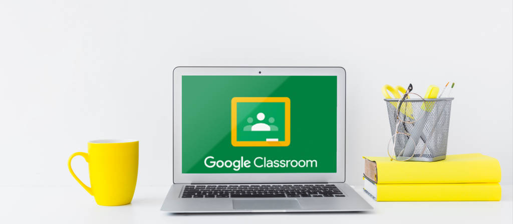 Google Classroom, silver laptop, green screen, SD Desktop Wallpaper
