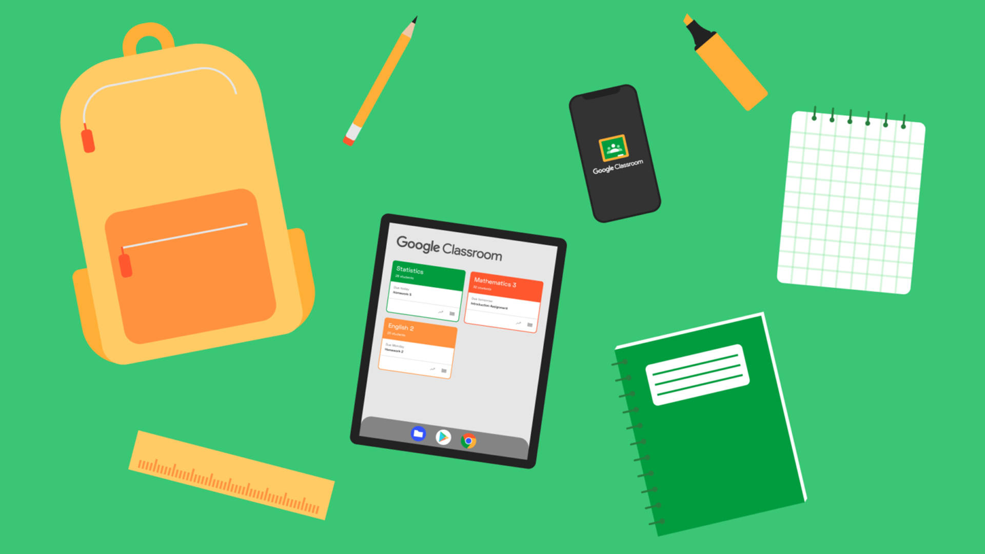Google Classroom, tablet, school supplies, Full HD Desktop Wallpaper