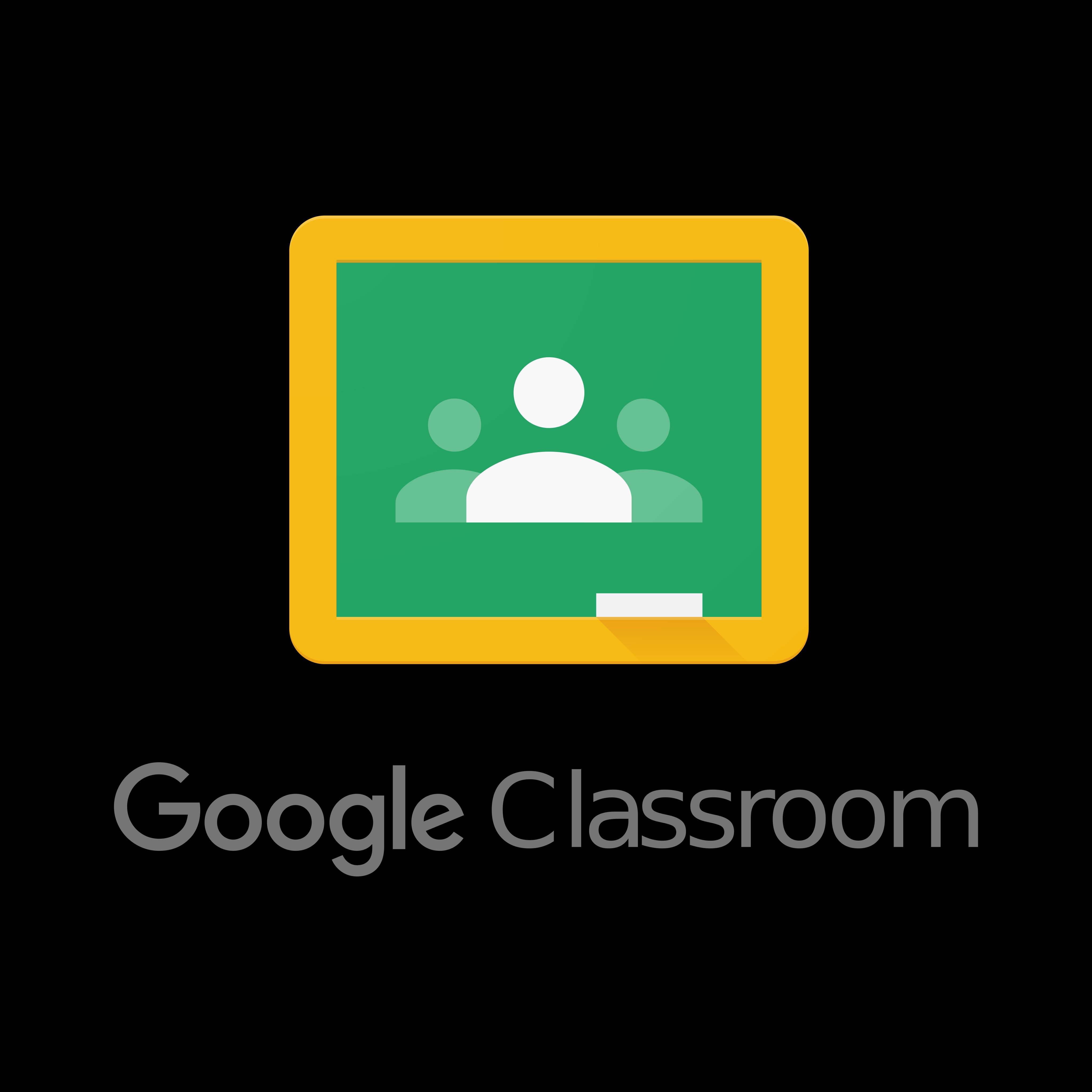 Google Classroom, yellow-framed green chalkboard, three white student silhouettes, 4K Desktop Wallpaper