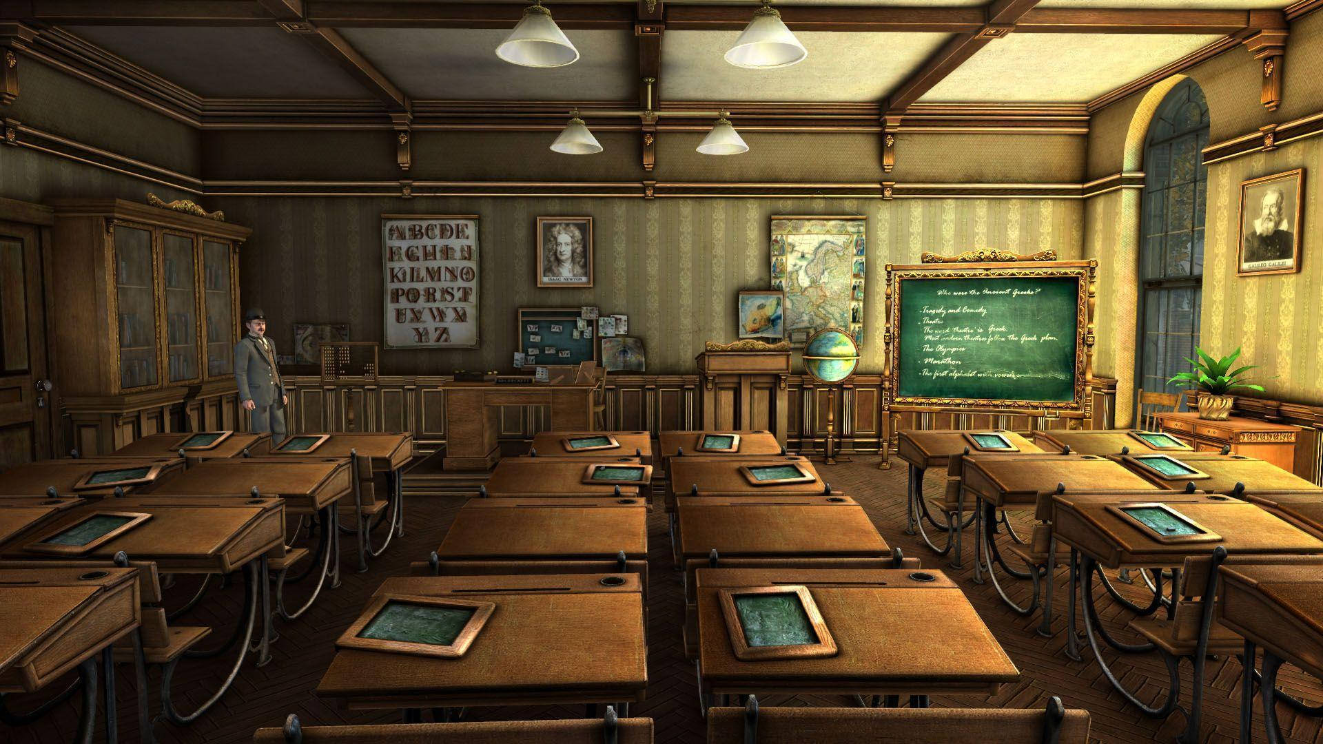 vintage wooden classroom, rows of desks, teacher, Full HD Desktop Wallpaper