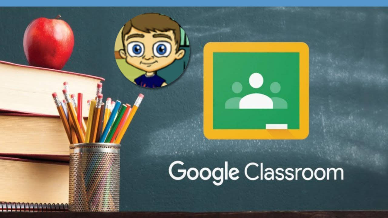 Google Classroom logo, cartoon student avatar, chalkboard desk, HD Desktop Wallpaper