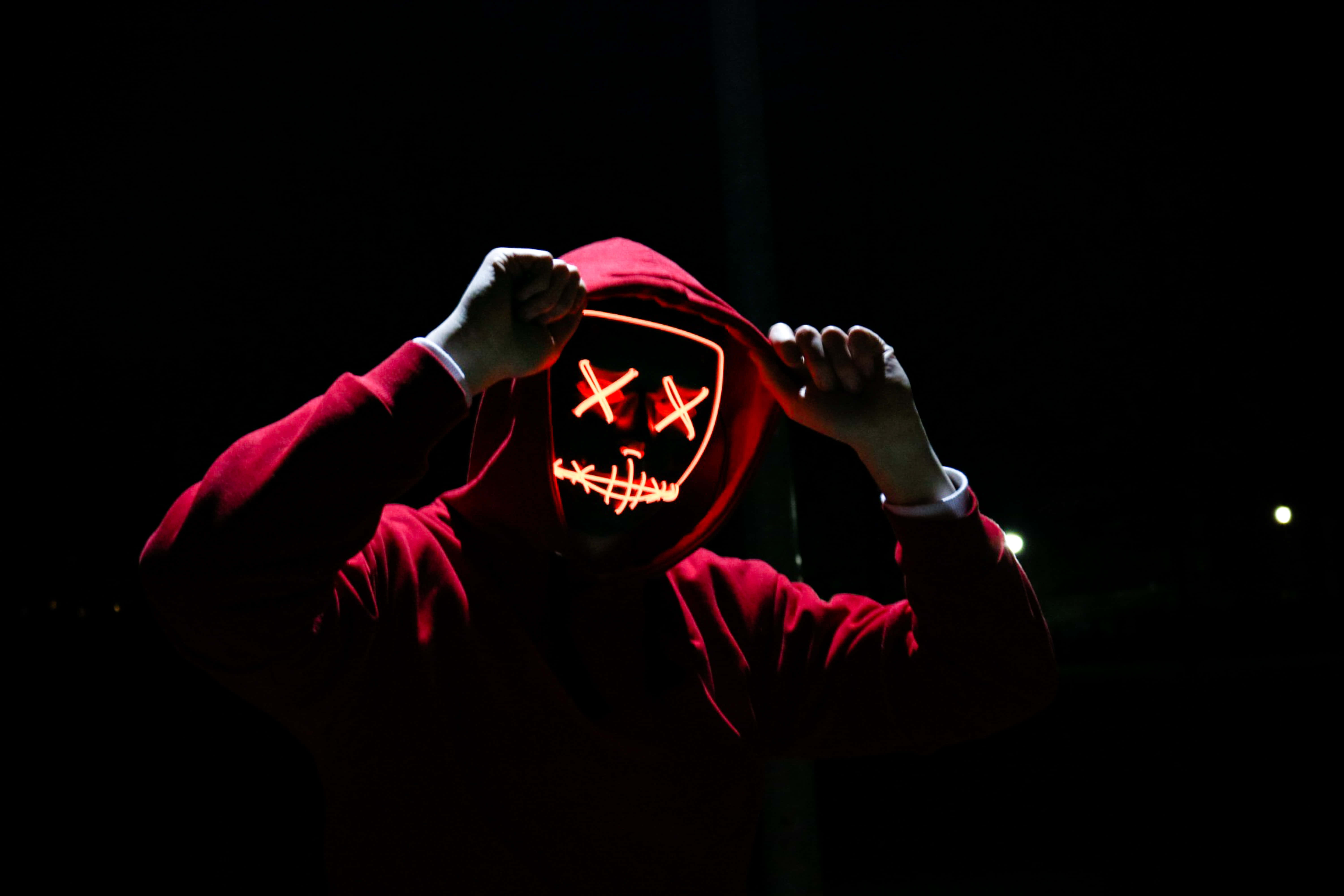 Google Desktop, red hoodie, glowing red LED mask, 5K Desktop Wallpaper