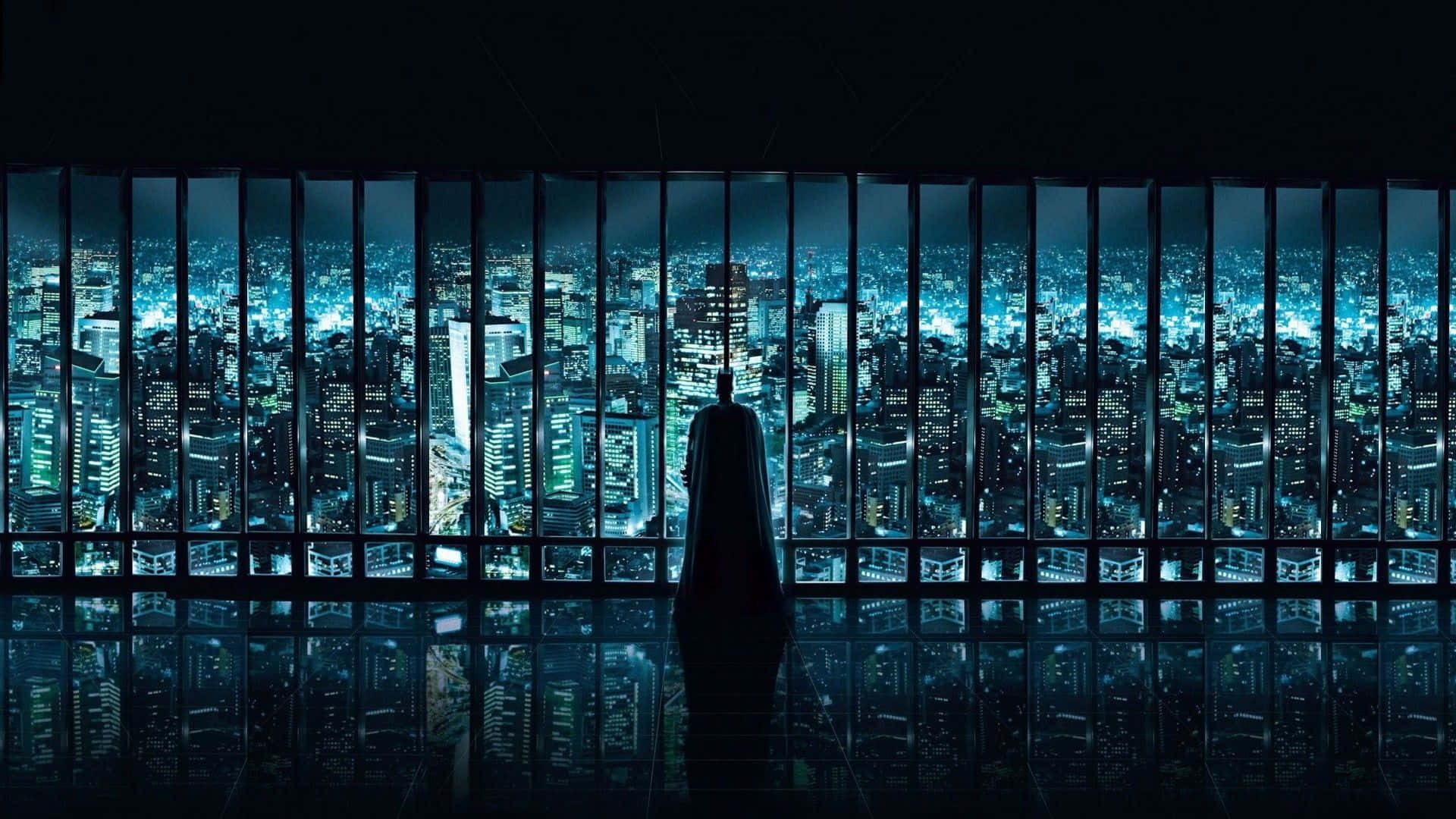 Google Desktop, superhero silhouette, glowing blue neon cityscape, Full HD Desktop Wallpaper