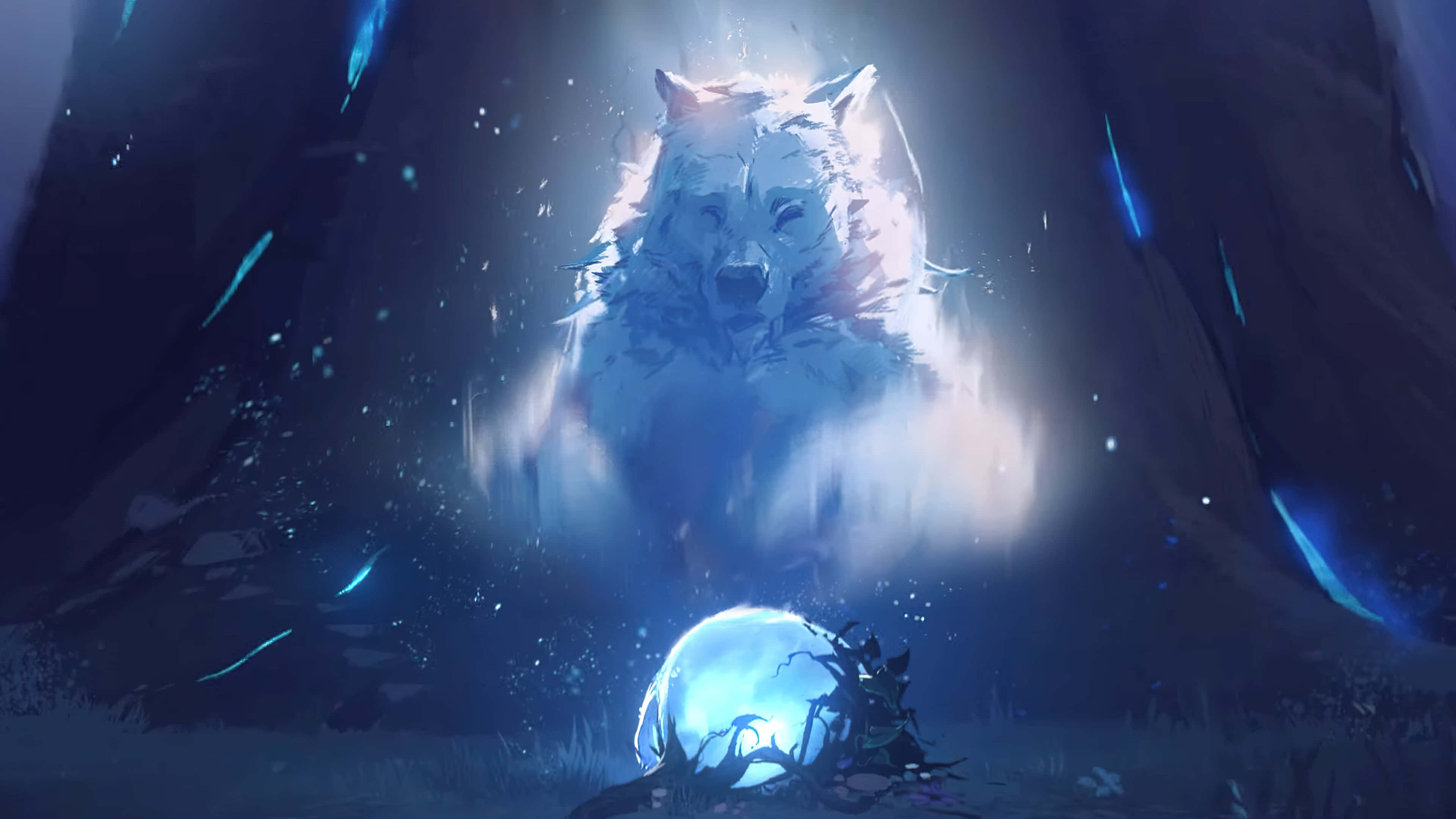 Google Desktop, luminous white wolf, dark forest, 4K Desktop Wallpaper
