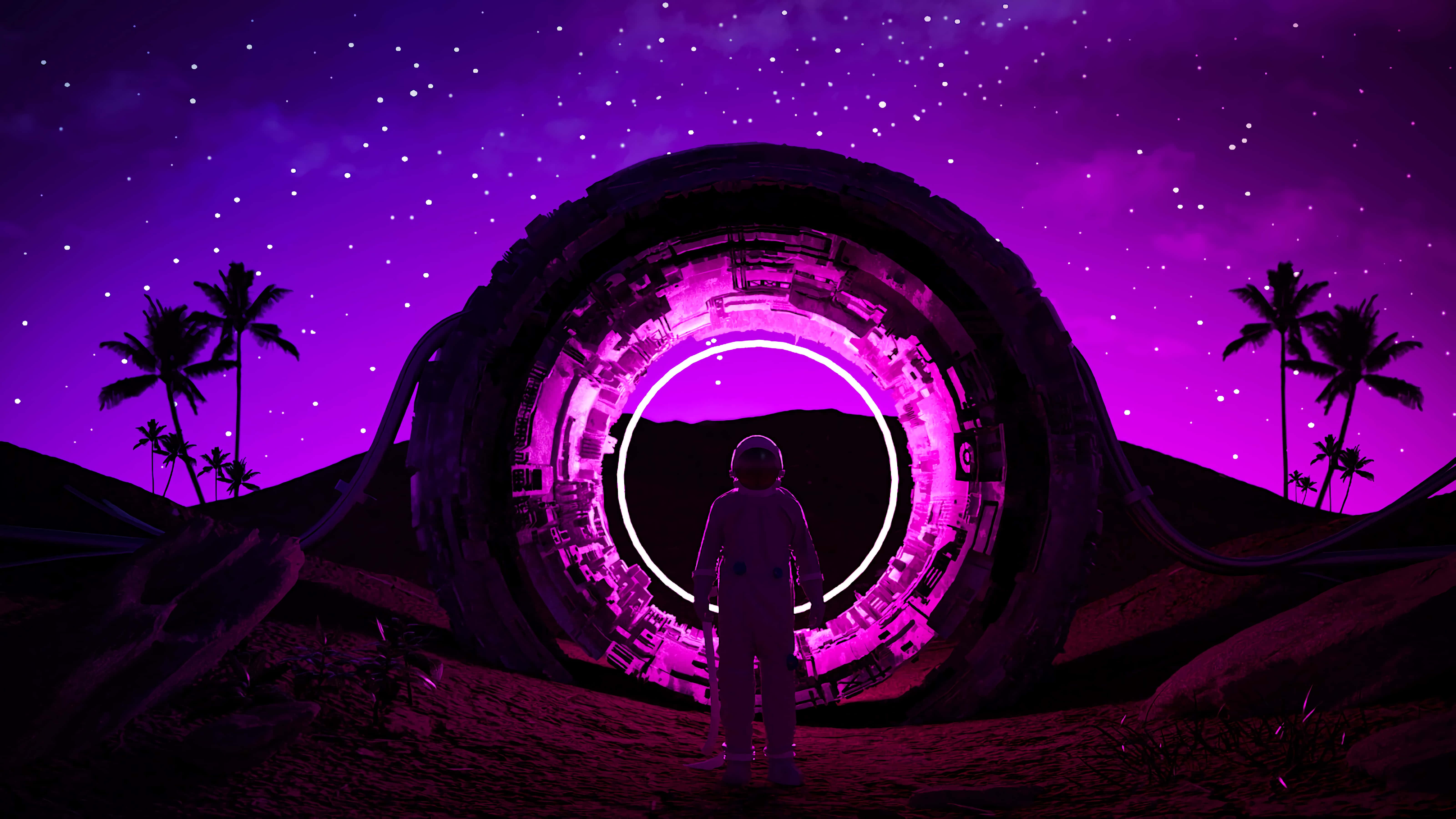 Google Desktop, astronaut, purple wormhole portal, 5K Desktop Wallpaper