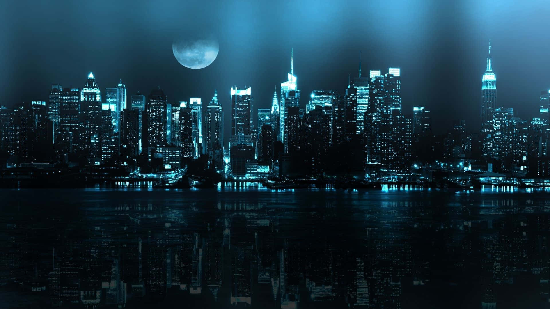 Google Desktop, blue night sky, moonlit city skyline, Full HD Desktop Wallpaper