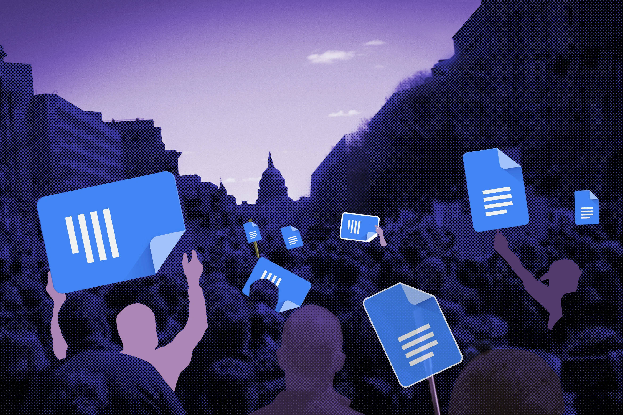 Google Docs, blue document icons, purple twilight cityscape, 2K Desktop Wallpaper