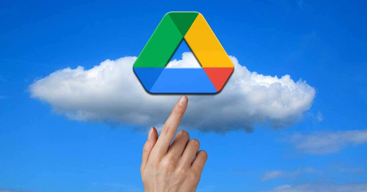 Google Drive logo, fluffy white cloud, clear blue sky, SD Desktop Wallpaper