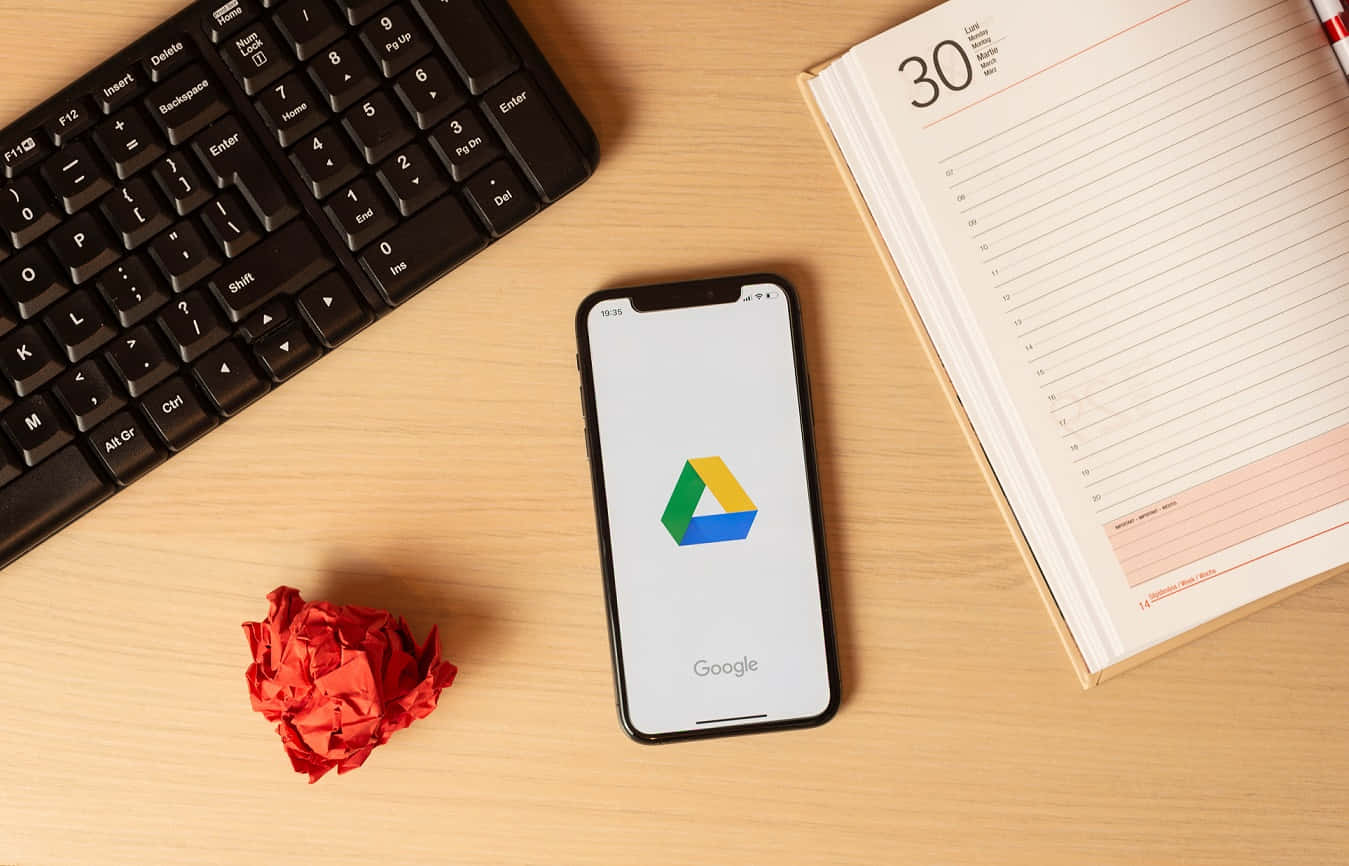 Google Drive, smartphone, wooden desk, HD Desktop Wallpaper