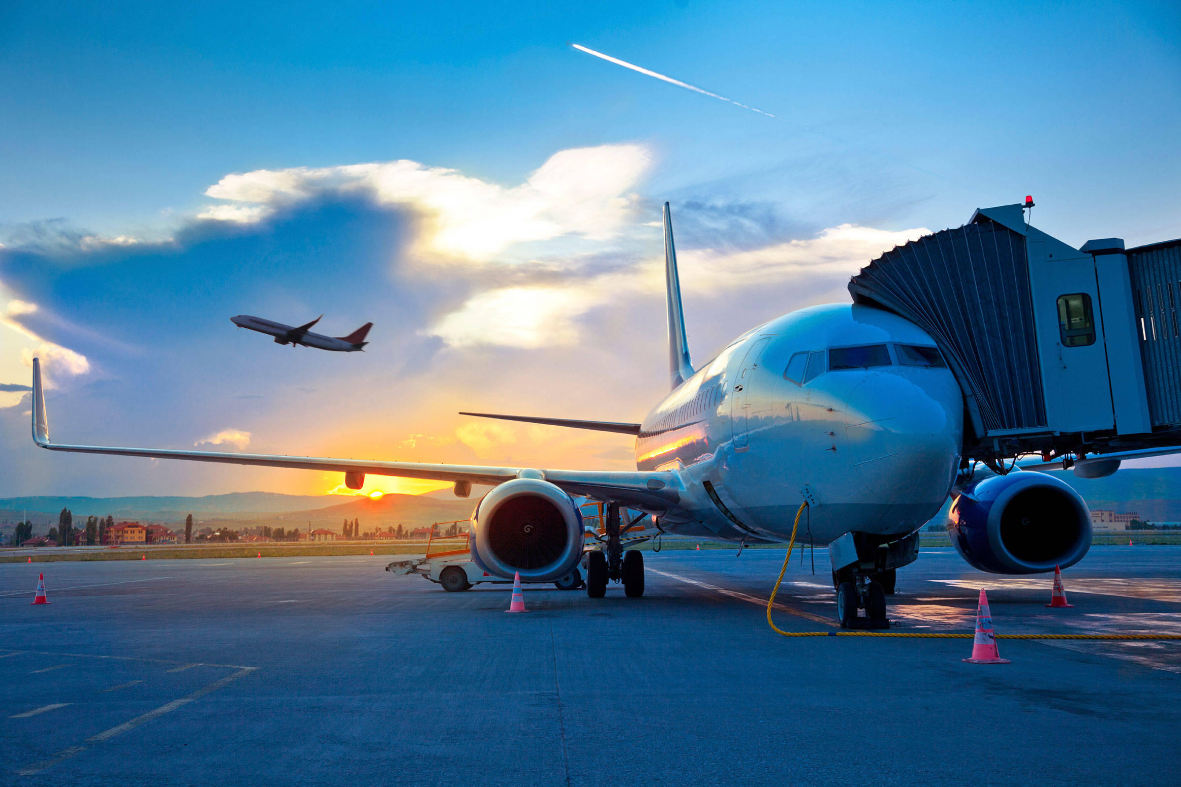 Google Flights, boarding bridge, sunset, Full HD Desktop Wallpaper