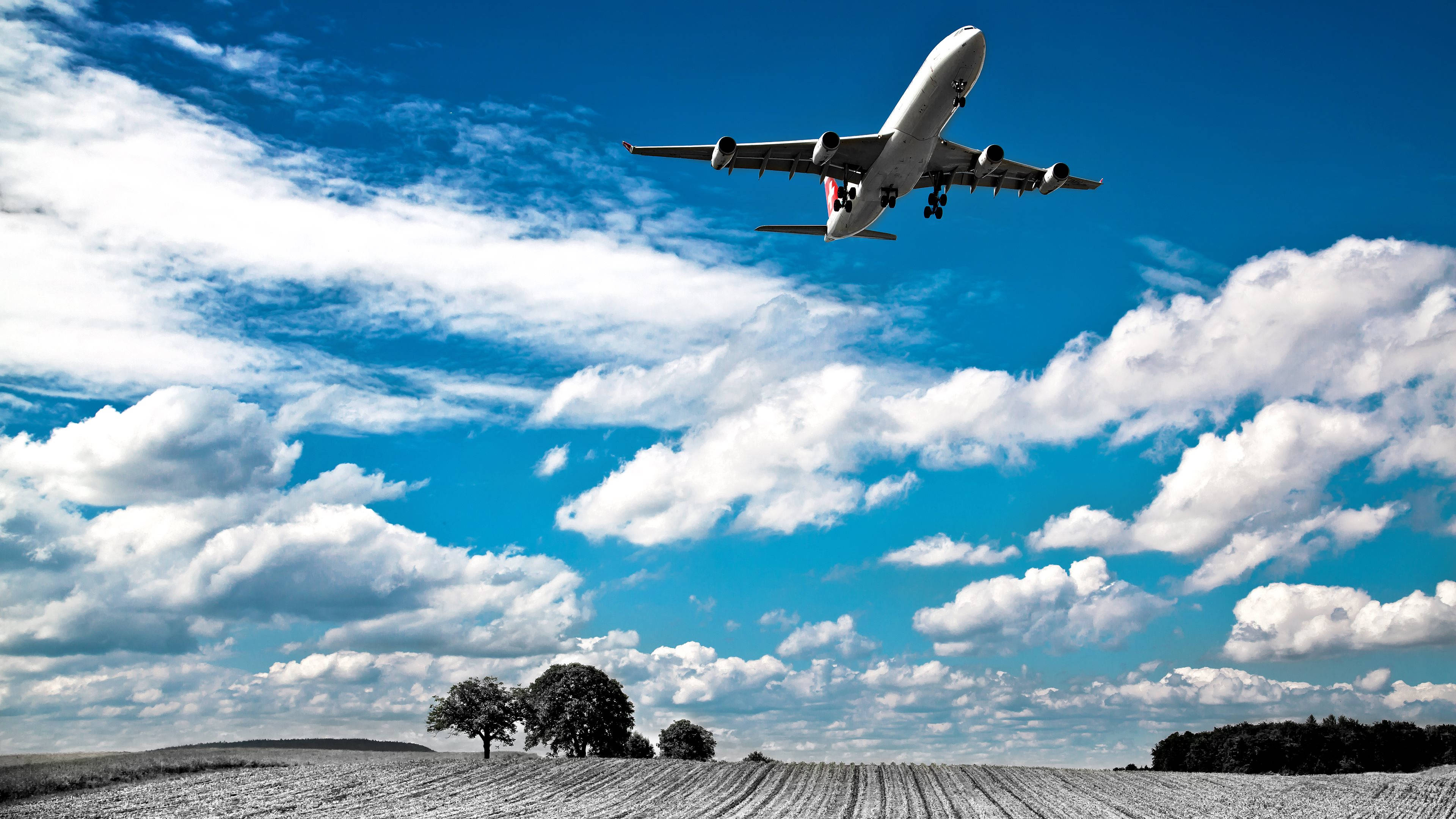 Google Flights, passenger jet, vibrant blue sky, 4K Desktop Wallpaper
