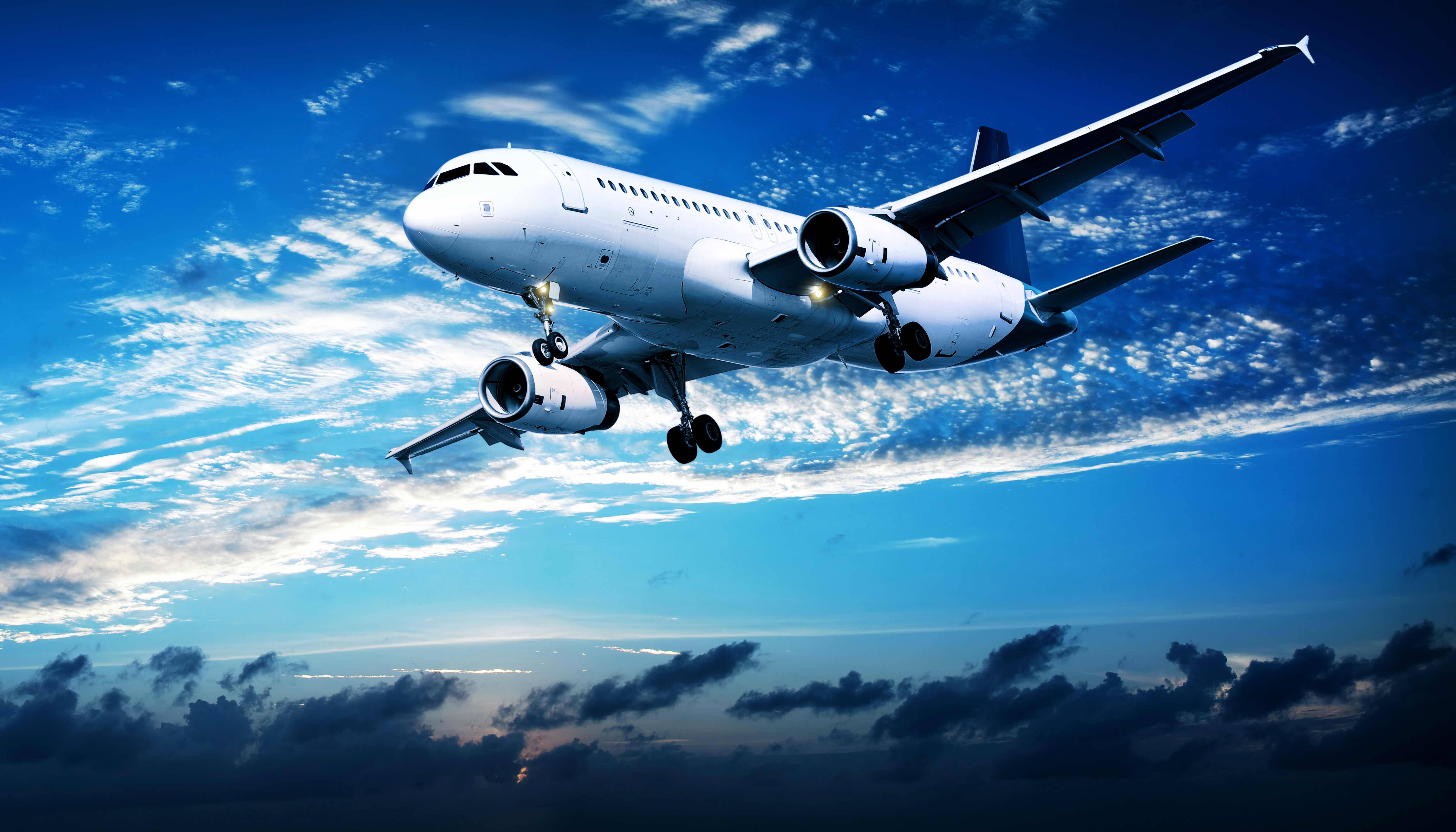 Google Flights, cloudy blue sky, white commercial airplane, 5K Desktop Wallpaper