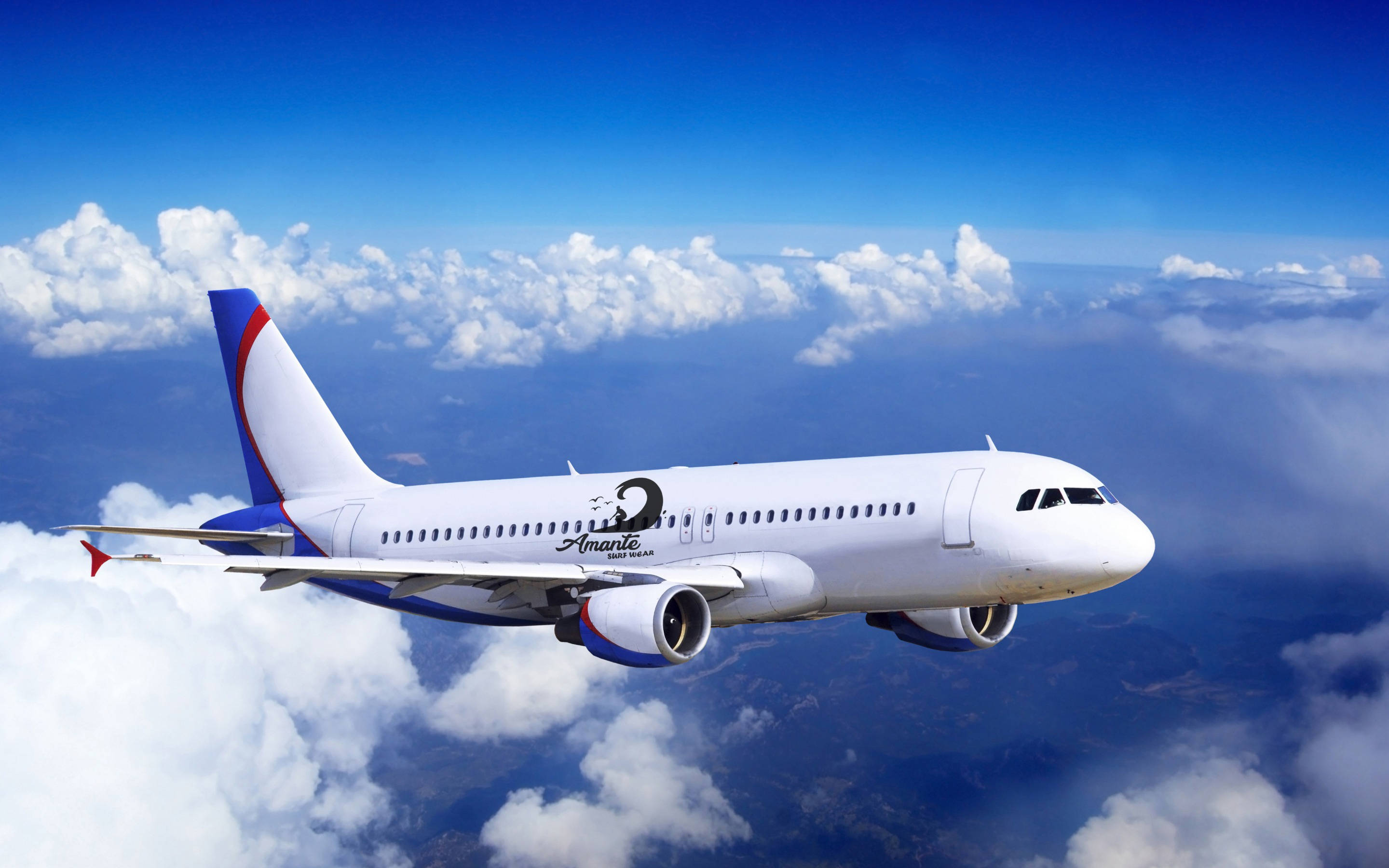 Google Flights, white commercial airplane, blue red tail, 2K Desktop Wallpaper