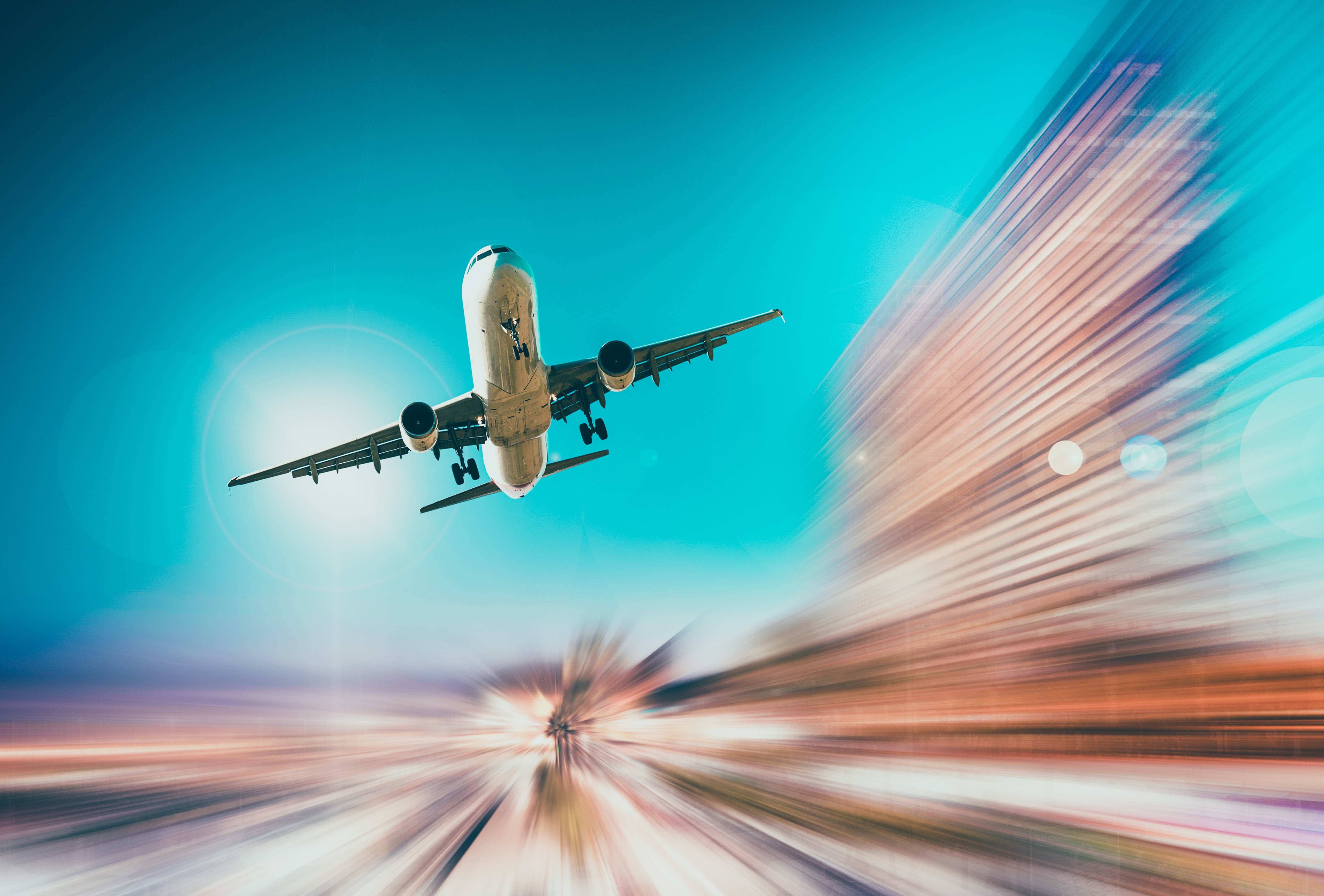 Google Flights, commercial airplane, vibrant blue sky, 5K Desktop Wallpaper