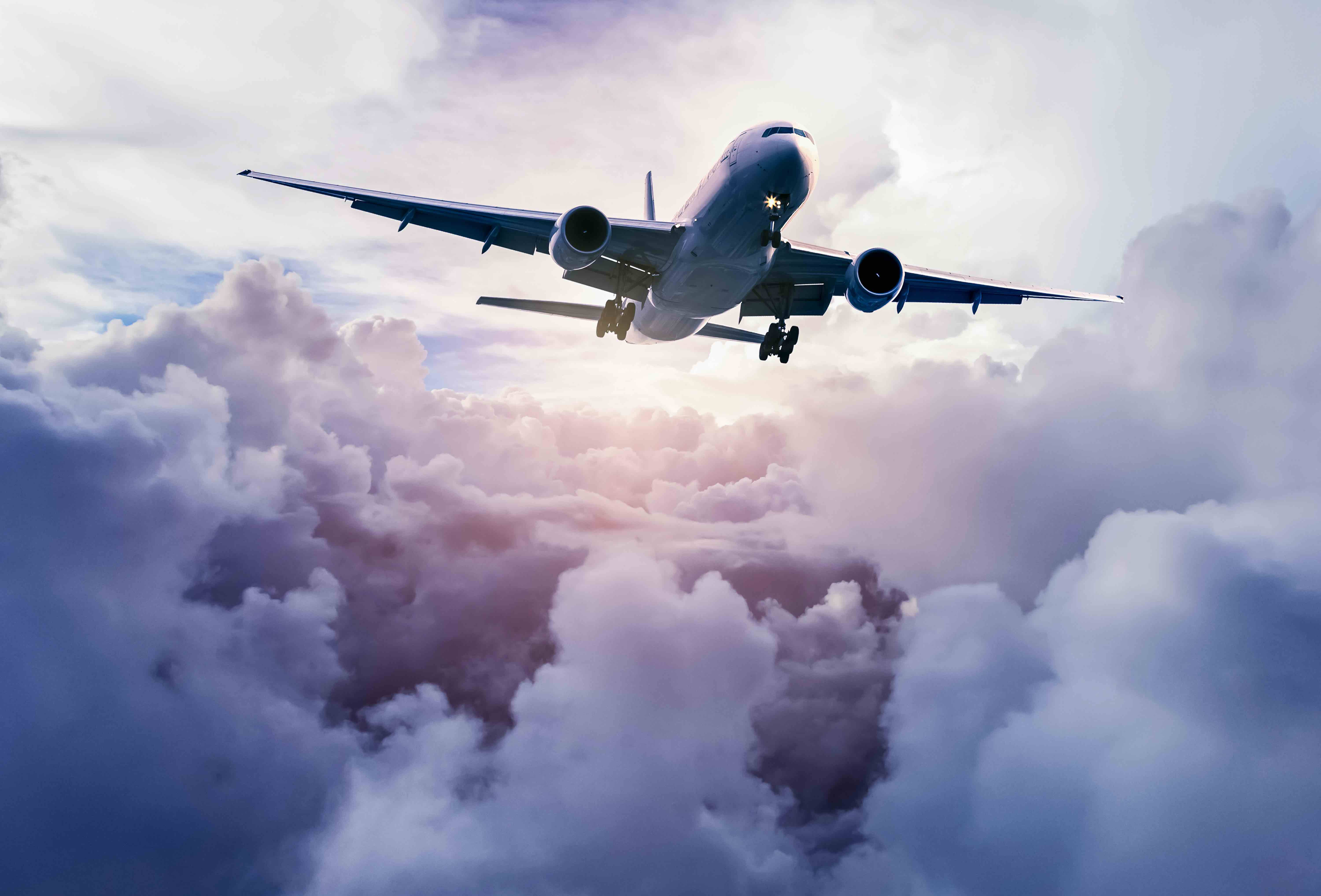 Google Flights, passenger jet, fluffy clouds, 5K Desktop Wallpaper
