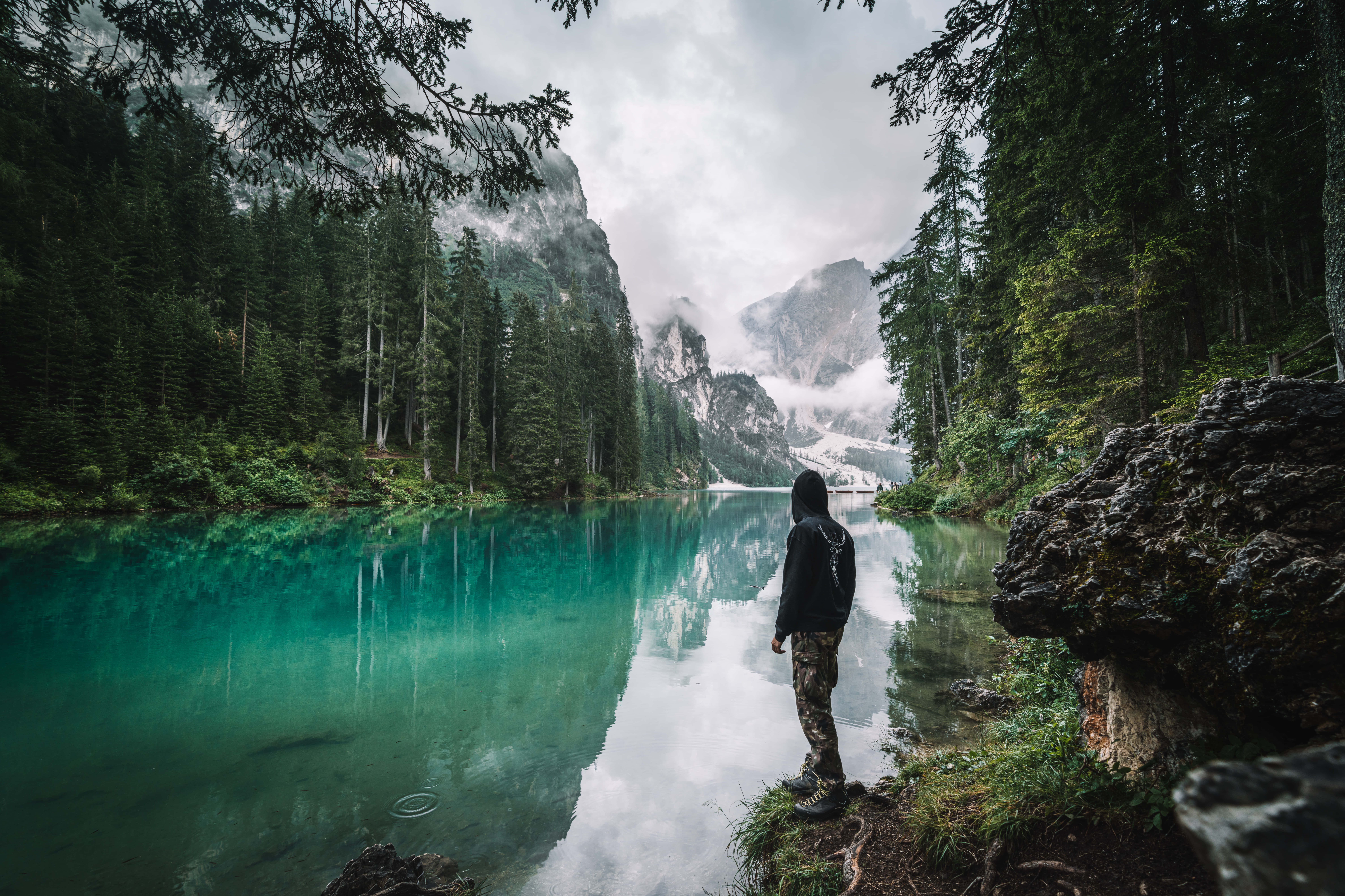 Google Landscape, turquoise lake, evergreen forests, 8K Desktop Wallpaper