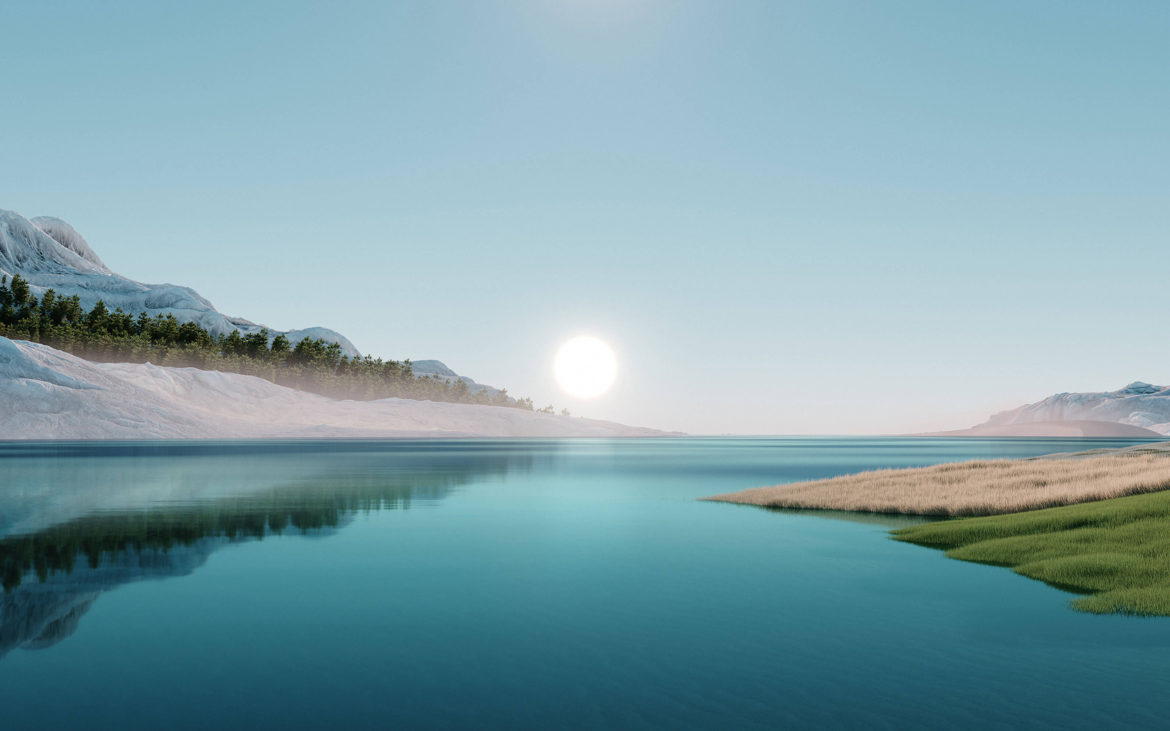 Original Windows Nature Landscape, serene lake, bright sun, 4K Desktop Wallpaper