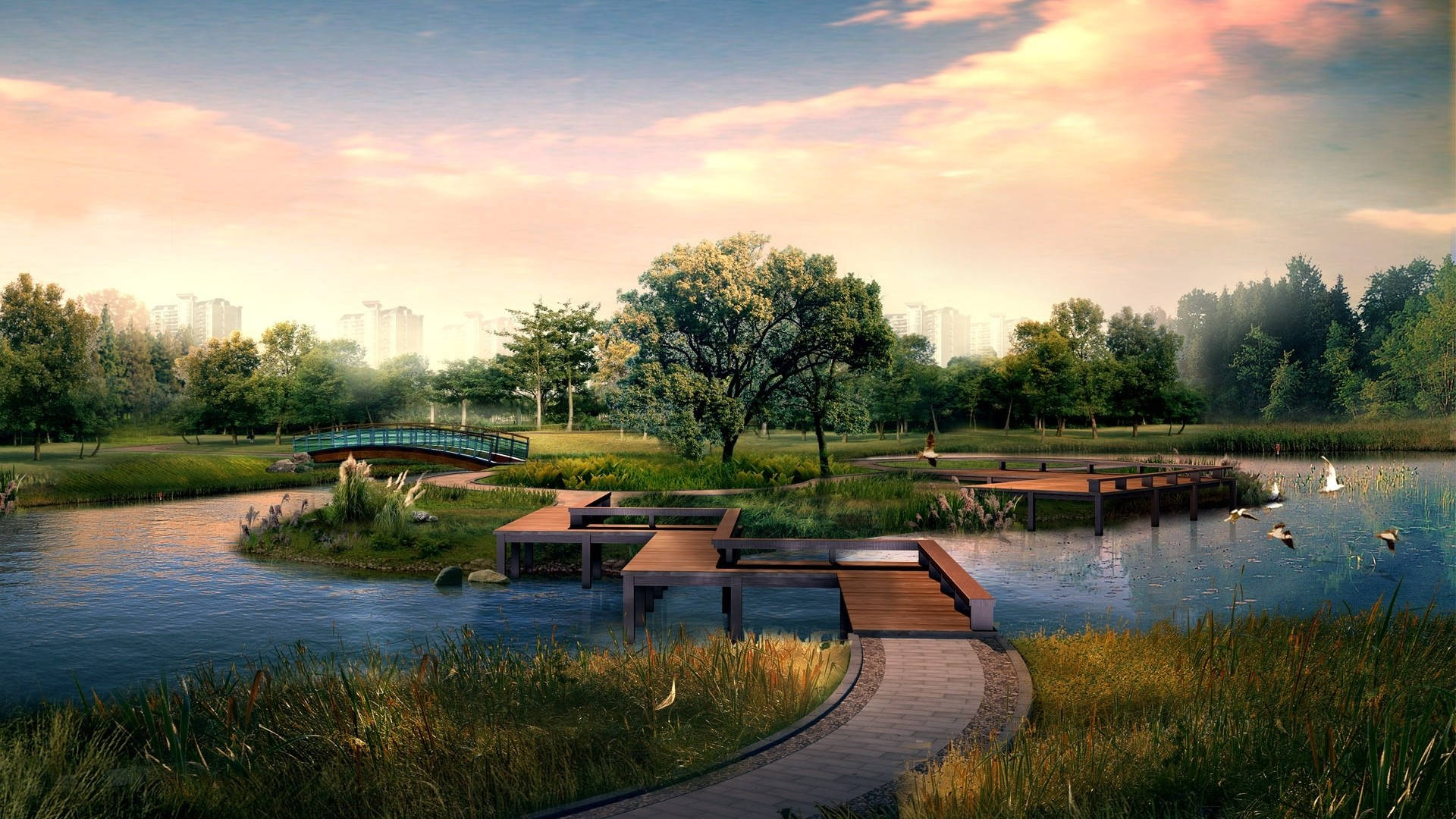 Park Pond, Sunset, Wooden Platforms, Full HD Desktop Wallpaper