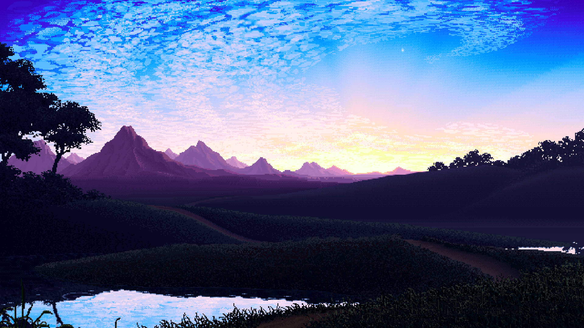 Google Pixel, twilight landscape, jagged mountains, Full HD Desktop Wallpaper