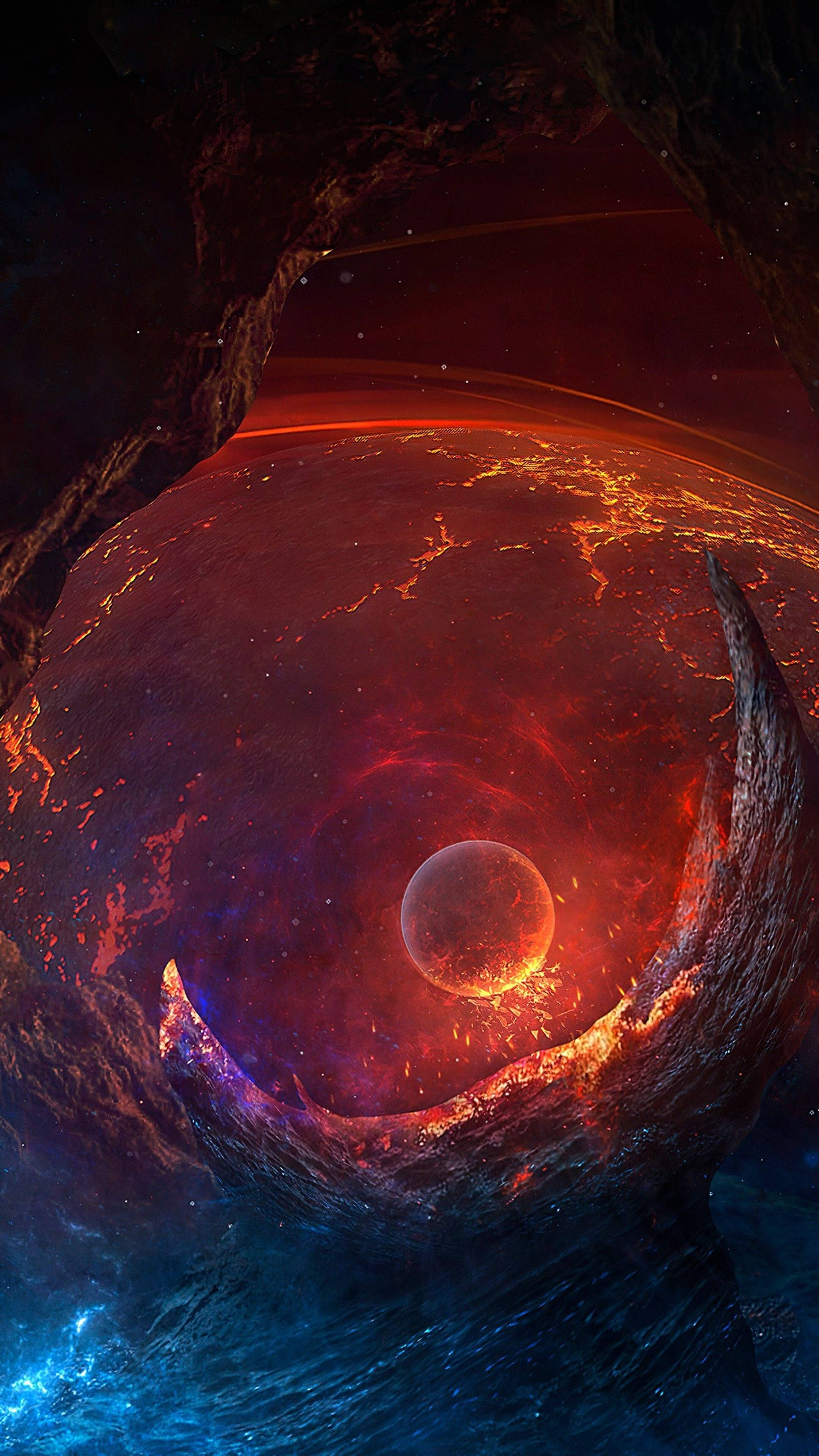 Google Pixel 4K, fiery red planet, glowing lava rivers, 4K Phone Wallpaper