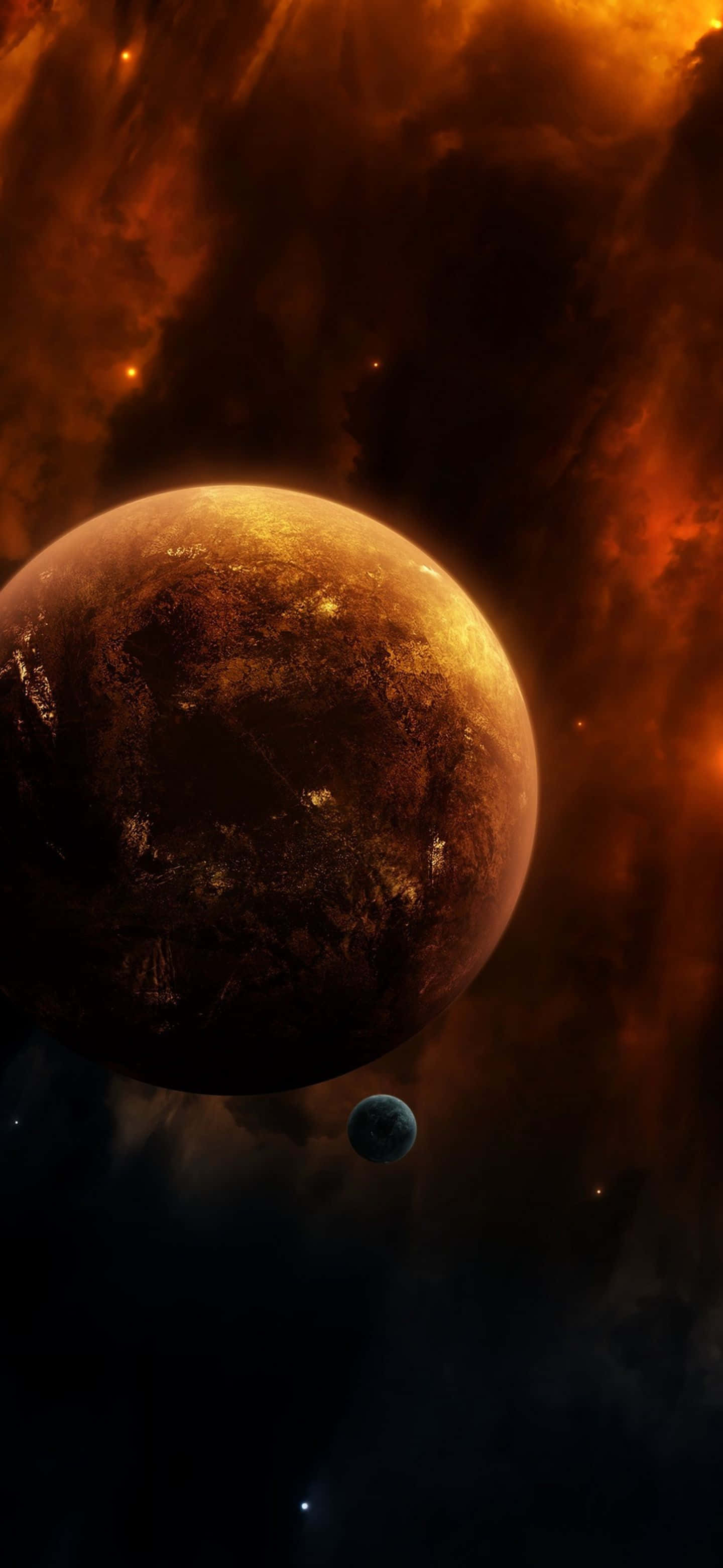 Google Pixel 6 Pro, reddish-brown planet, fiery nebula, 2K Phone Wallpaper
