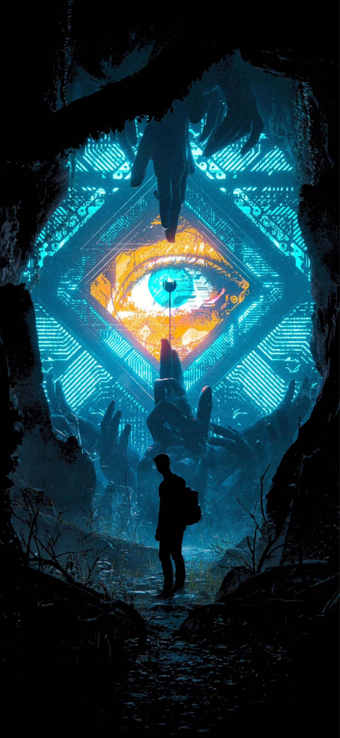 Google Pixel 6 Pro, futuristic eye, glowing circuitry wall, 2K Phone Wallpaper