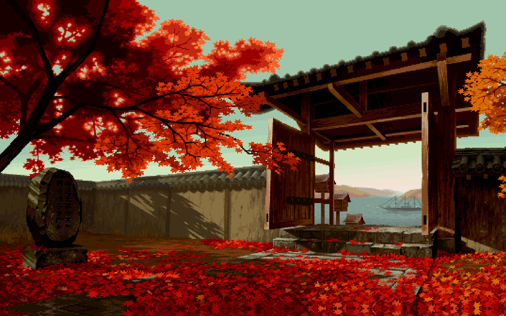 Google Pixel Desktop, vibrant red maple leaves, traditional wooden gate, Full HD Desktop Wallpaper
