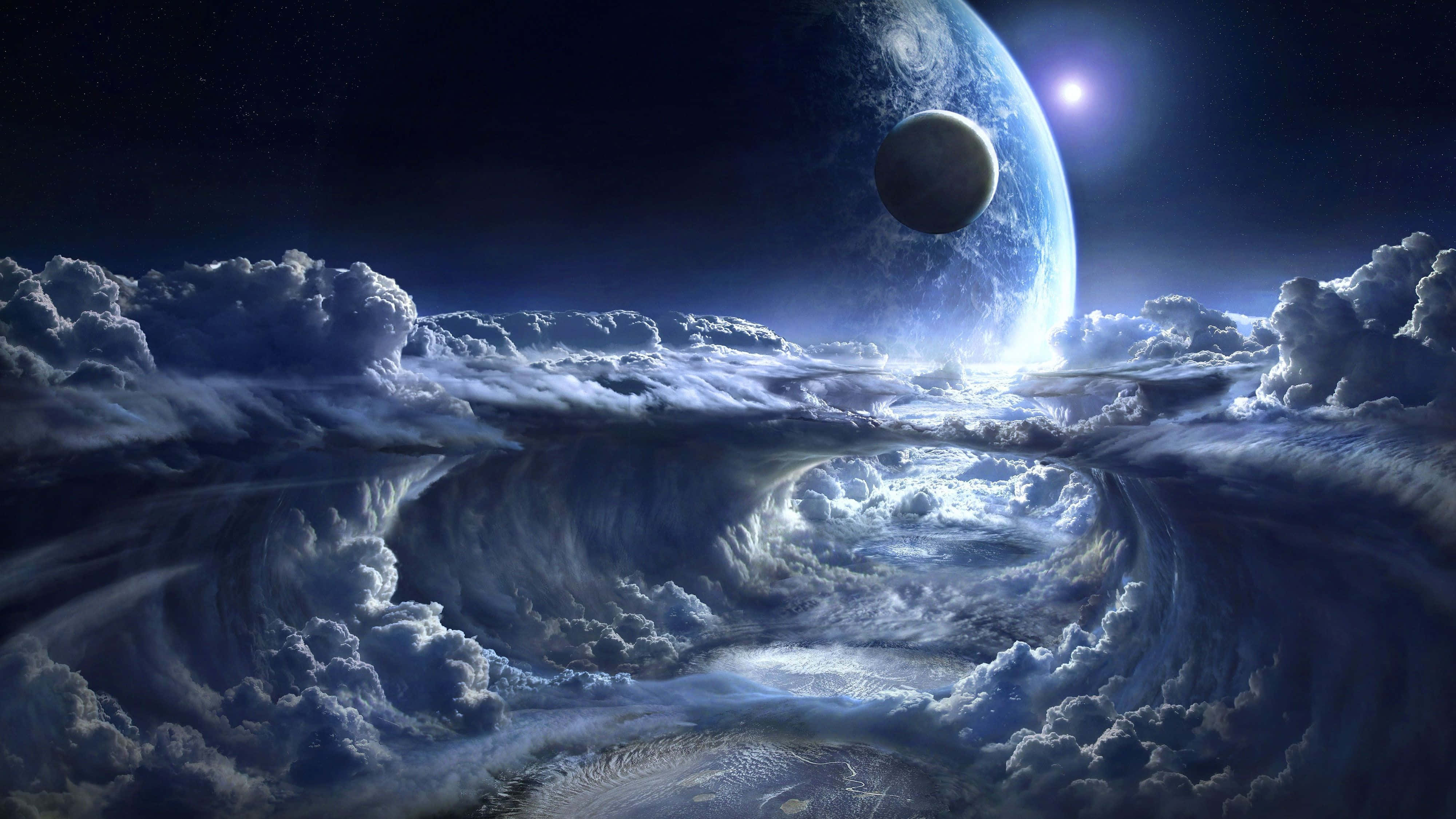 Google Pixel Desktop, glowing blue planet, dark moon, 4K Desktop Wallpaper