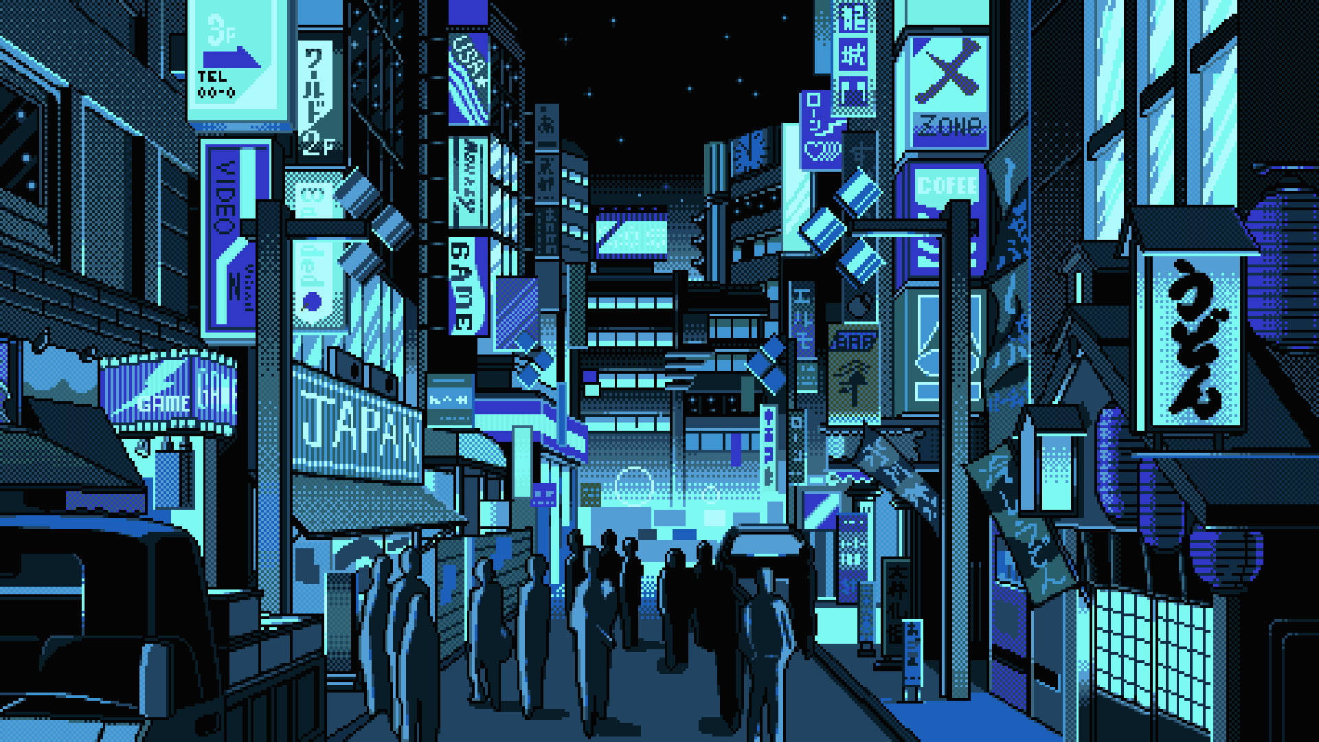 Google Pixel Desktop, blue-green, neon-lit Tokyo street, Full HD Desktop Wallpaper