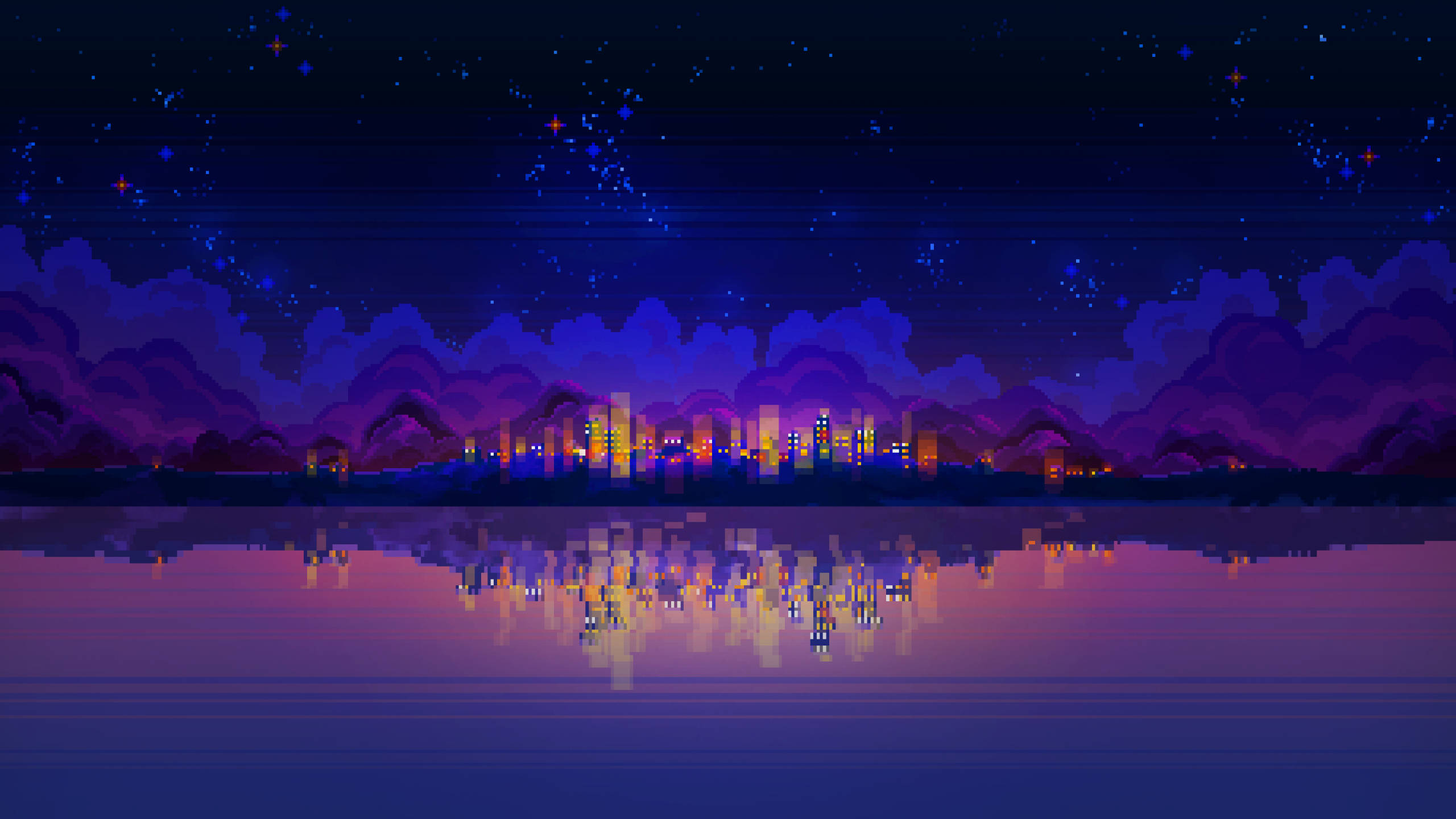 Google Pixel Desktop, pixel art, city skyline, 2K Desktop Wallpaper