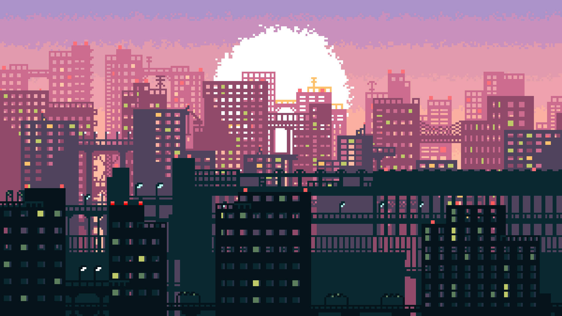 Google Pixel Desktop, cityscape, sunset, Full HD Desktop Wallpaper