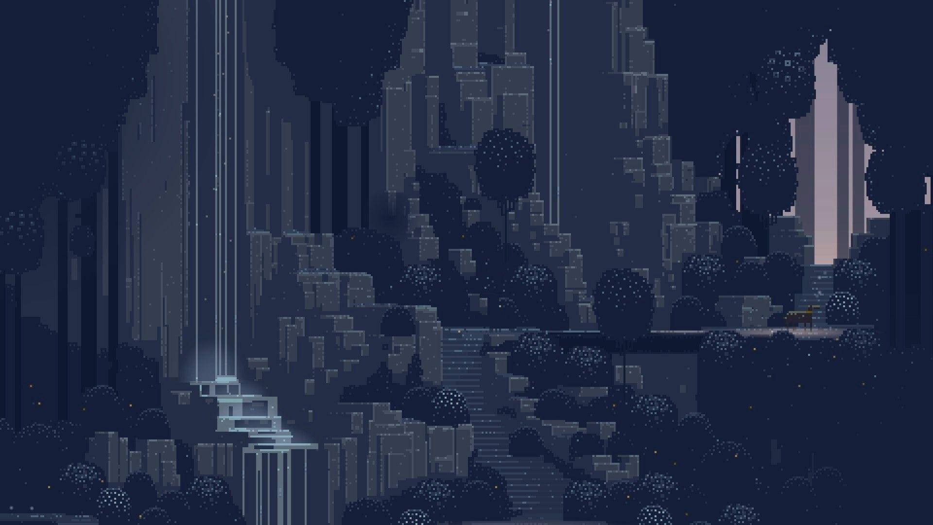 pixel art, dark night scene, forest at dusk, Full HD Desktop Wallpaper