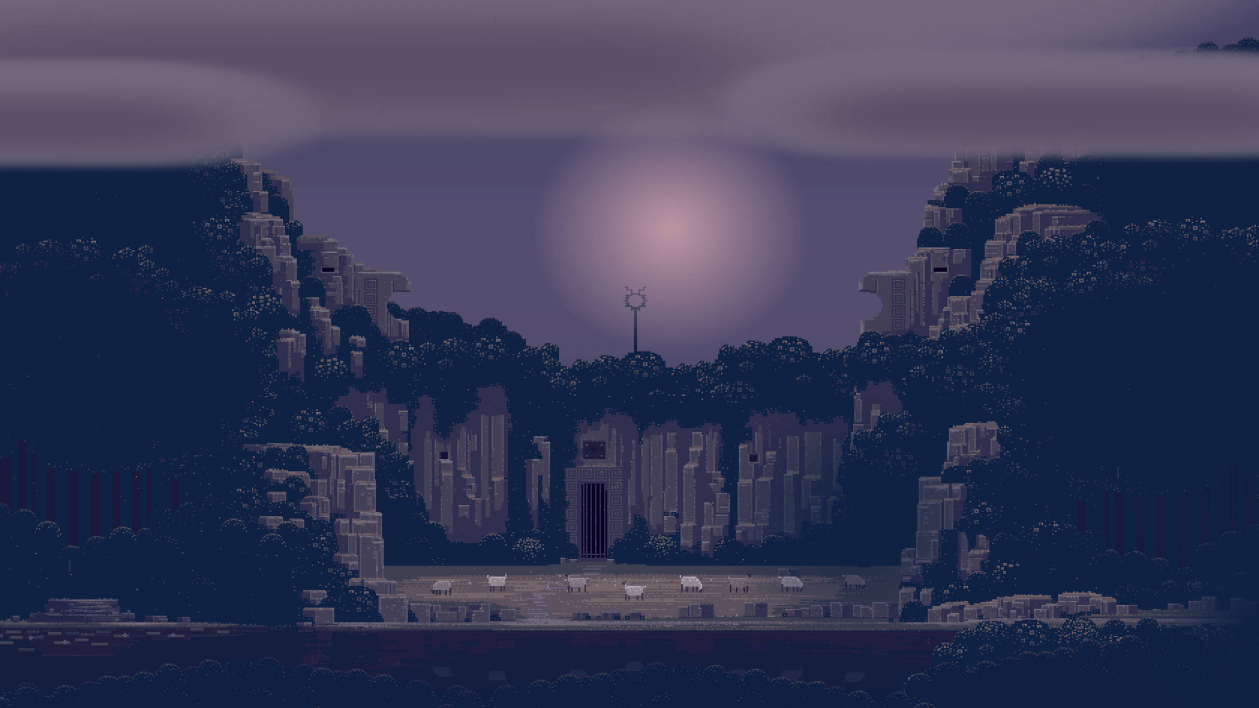 Google Pixel Desktop, pixel-art landscape, dusk, 2K Desktop Wallpaper