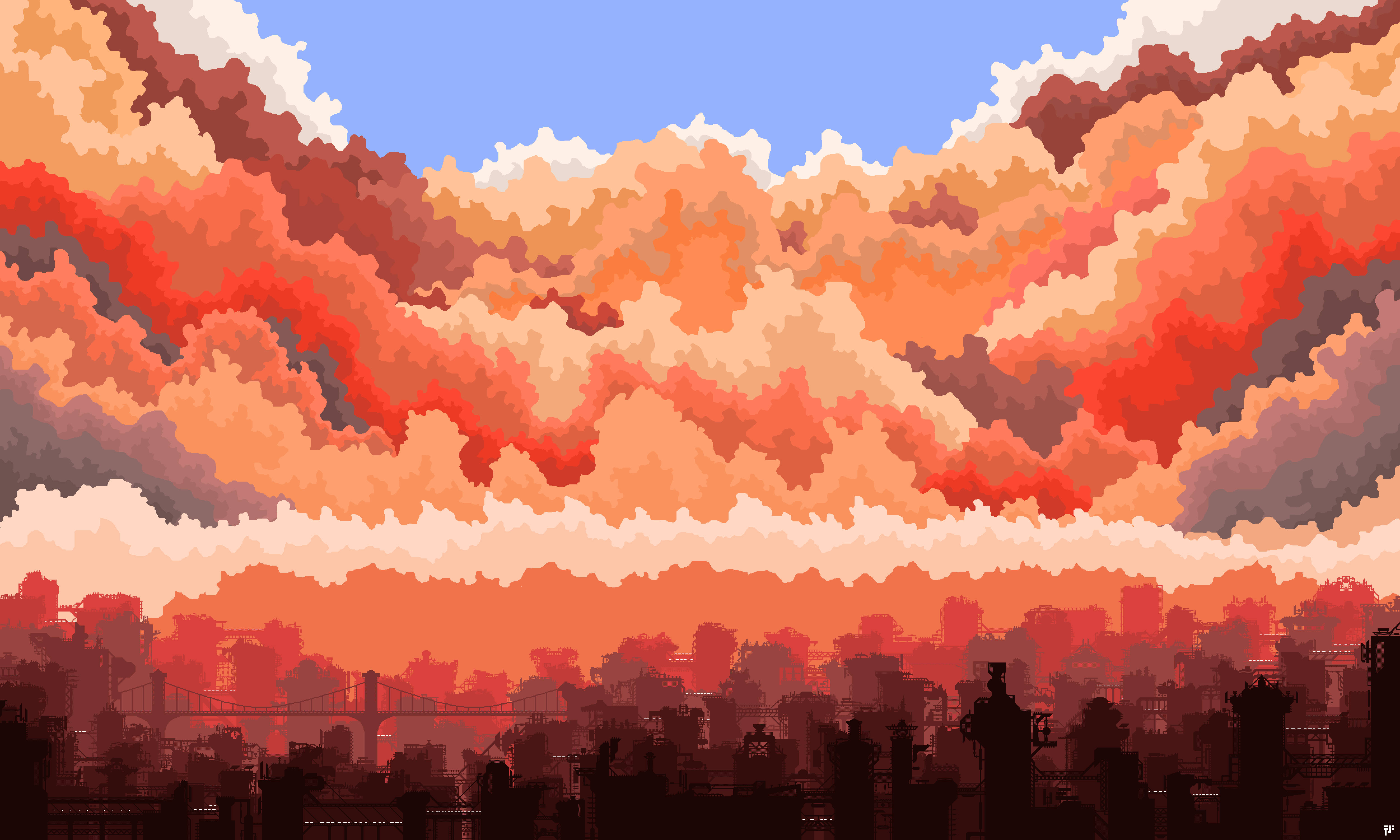 Google Pixel Desktop, pixel-art city skyline, fiery orange and red sunset sky, 4K Desktop Wallpaper