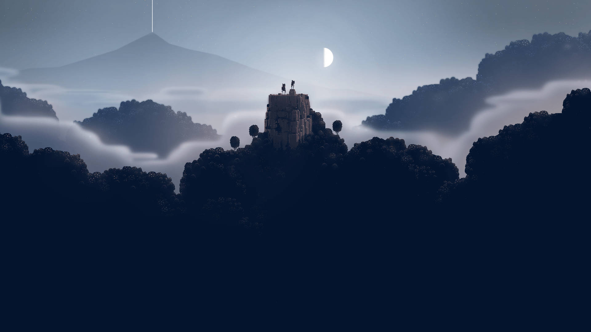 Google Pixel Desktop, crescent moon, misty mountain peak, Full HD Desktop Wallpaper