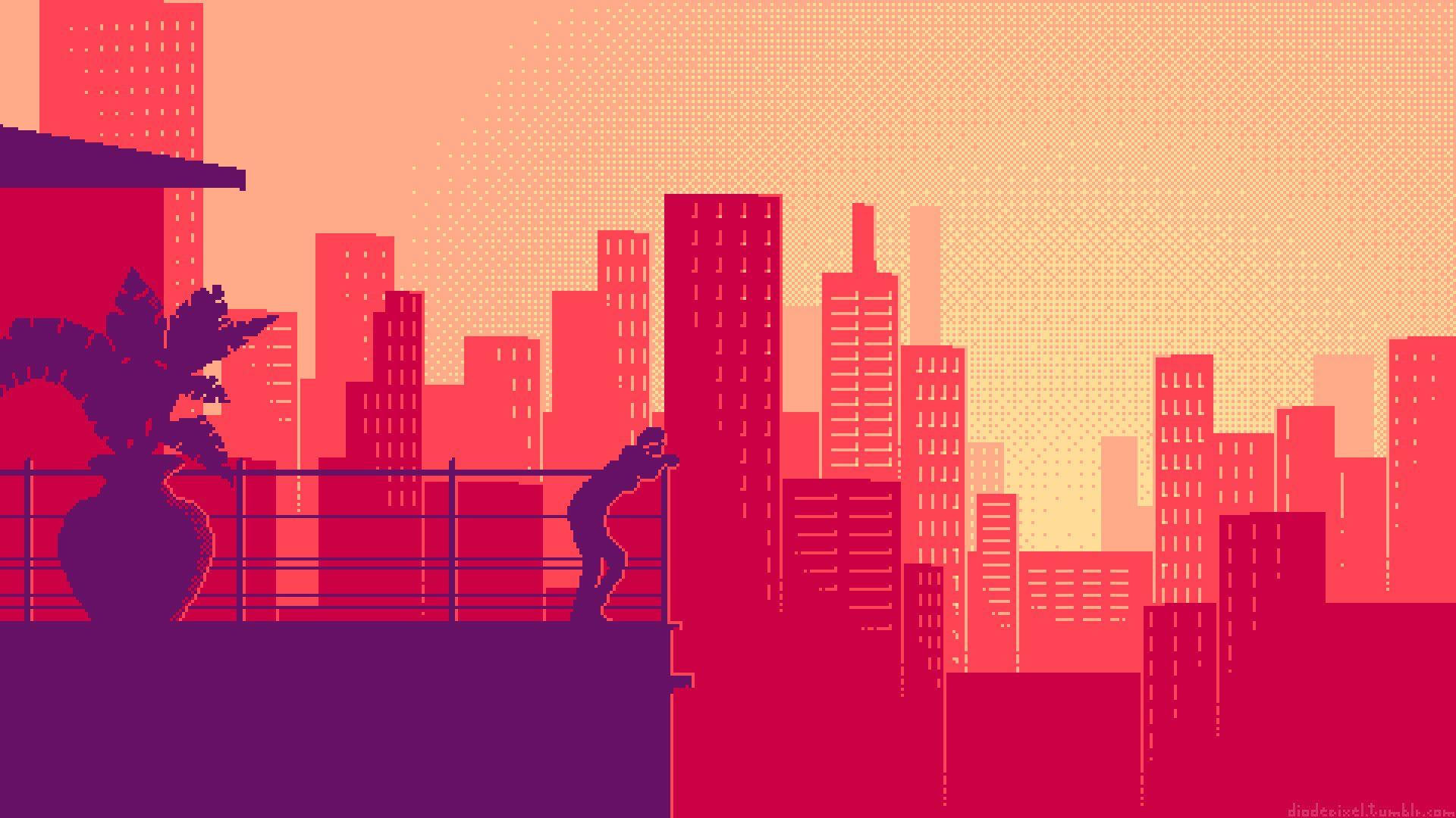Google Pixel Desktop, Pixel-art cityscape, sunset, Full HD Desktop Wallpaper