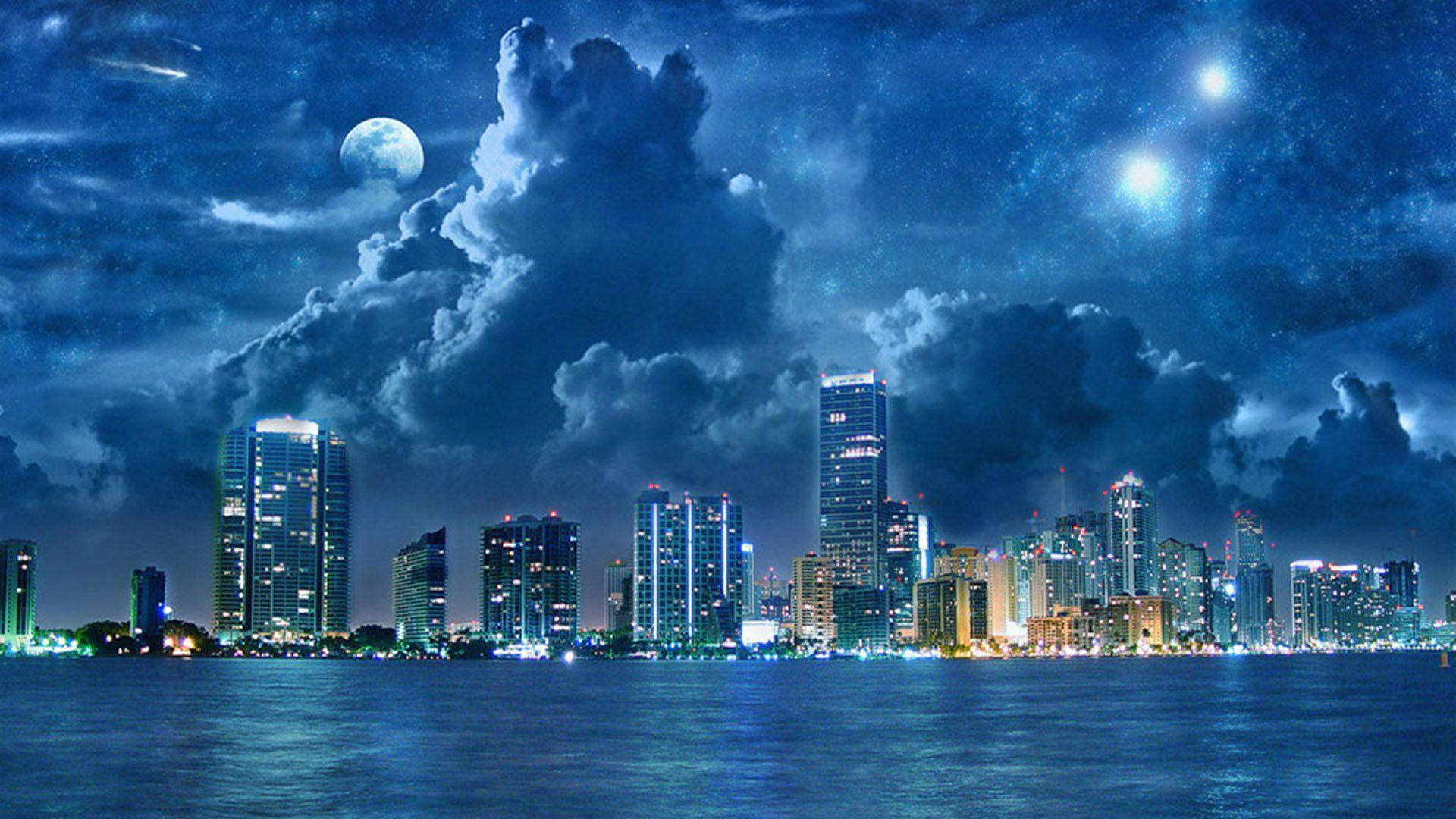 Google Pixel Desktop, city skyline, night, Full HD Desktop Wallpaper