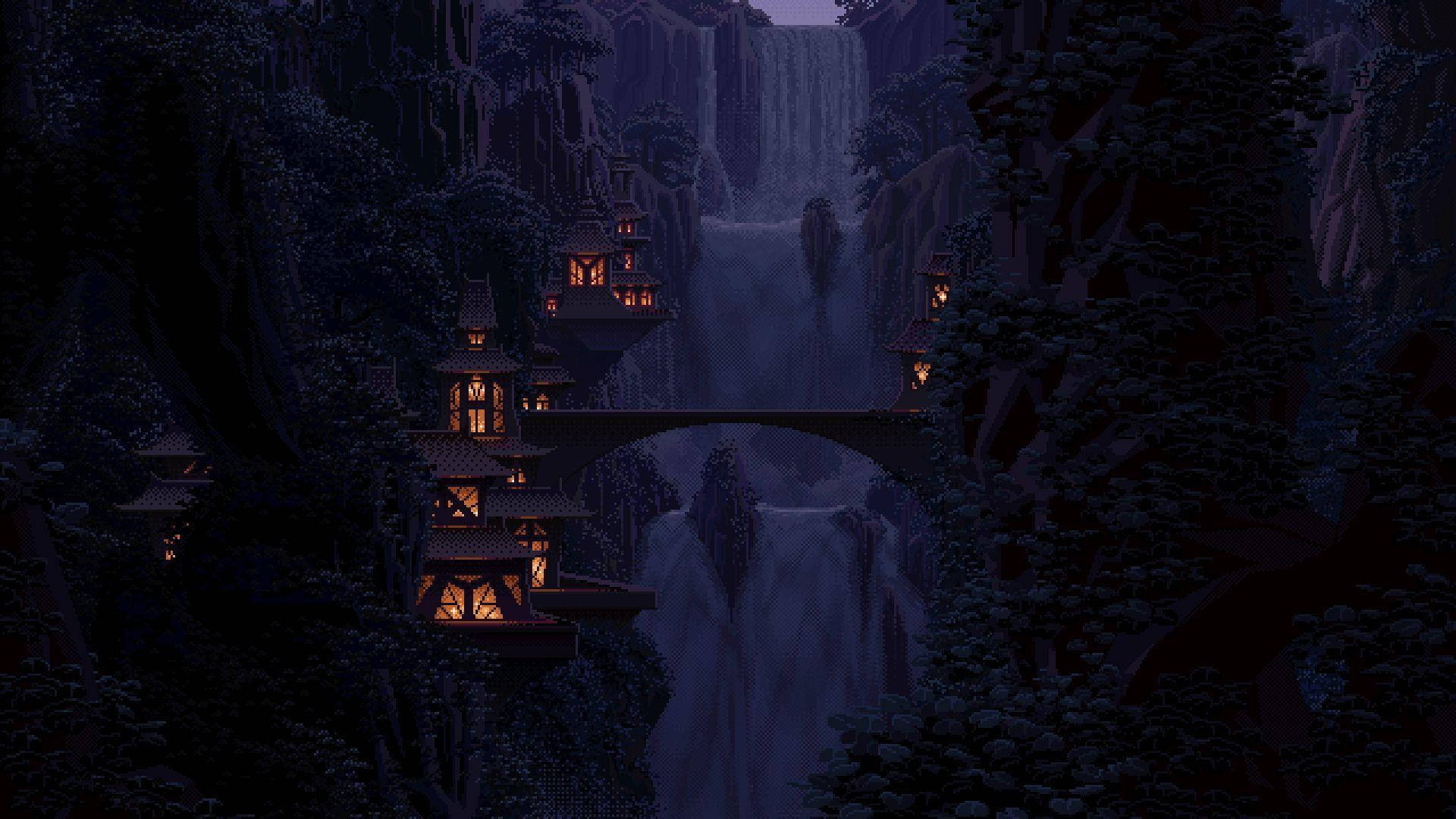 Google Pixel Desktop, glowing lanterns, dark forest canyon, Full HD Desktop Wallpaper
