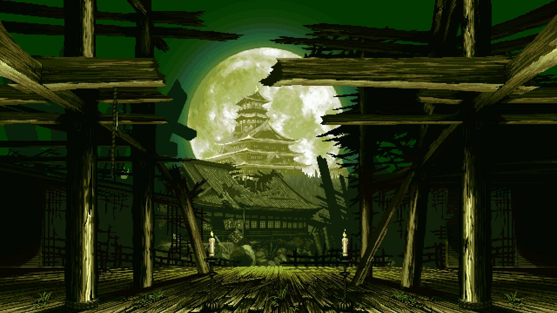 Google Pixel Desktop, full moon, ruined wooden structure, Full HD Desktop Wallpaper