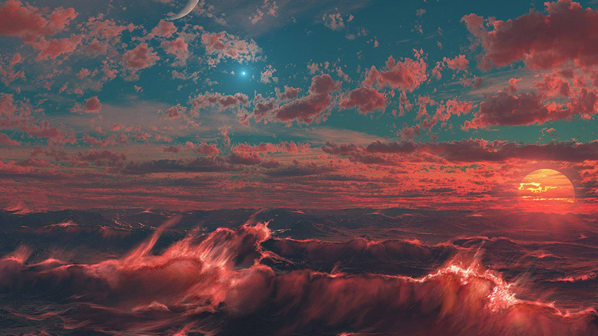 Google Pixel Desktop, sunset, fiery red waves, Full HD Desktop Wallpaper